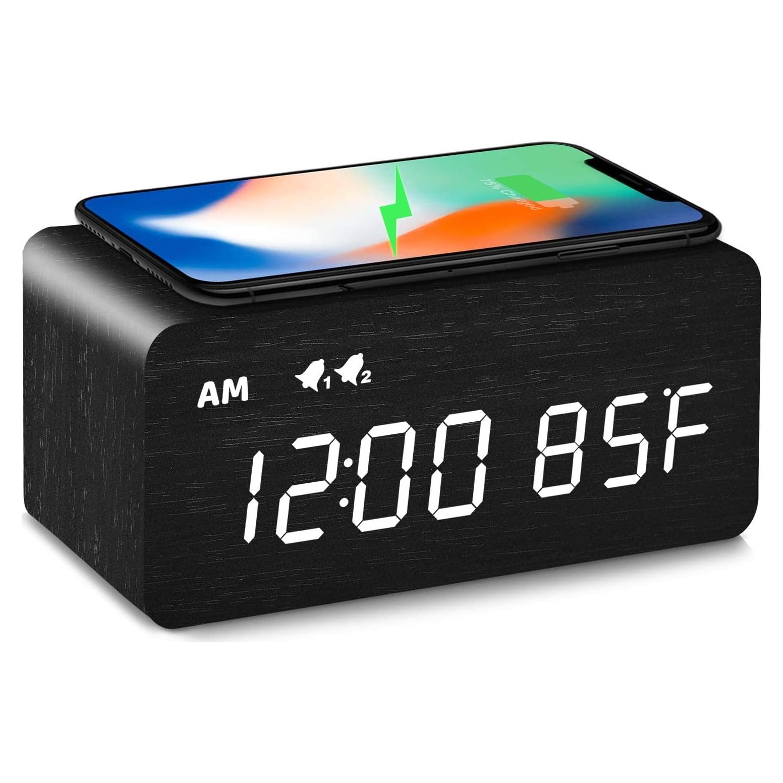 Reloj Despertador Digital de Madera MOSITO Negro con Carga Inalámbrica