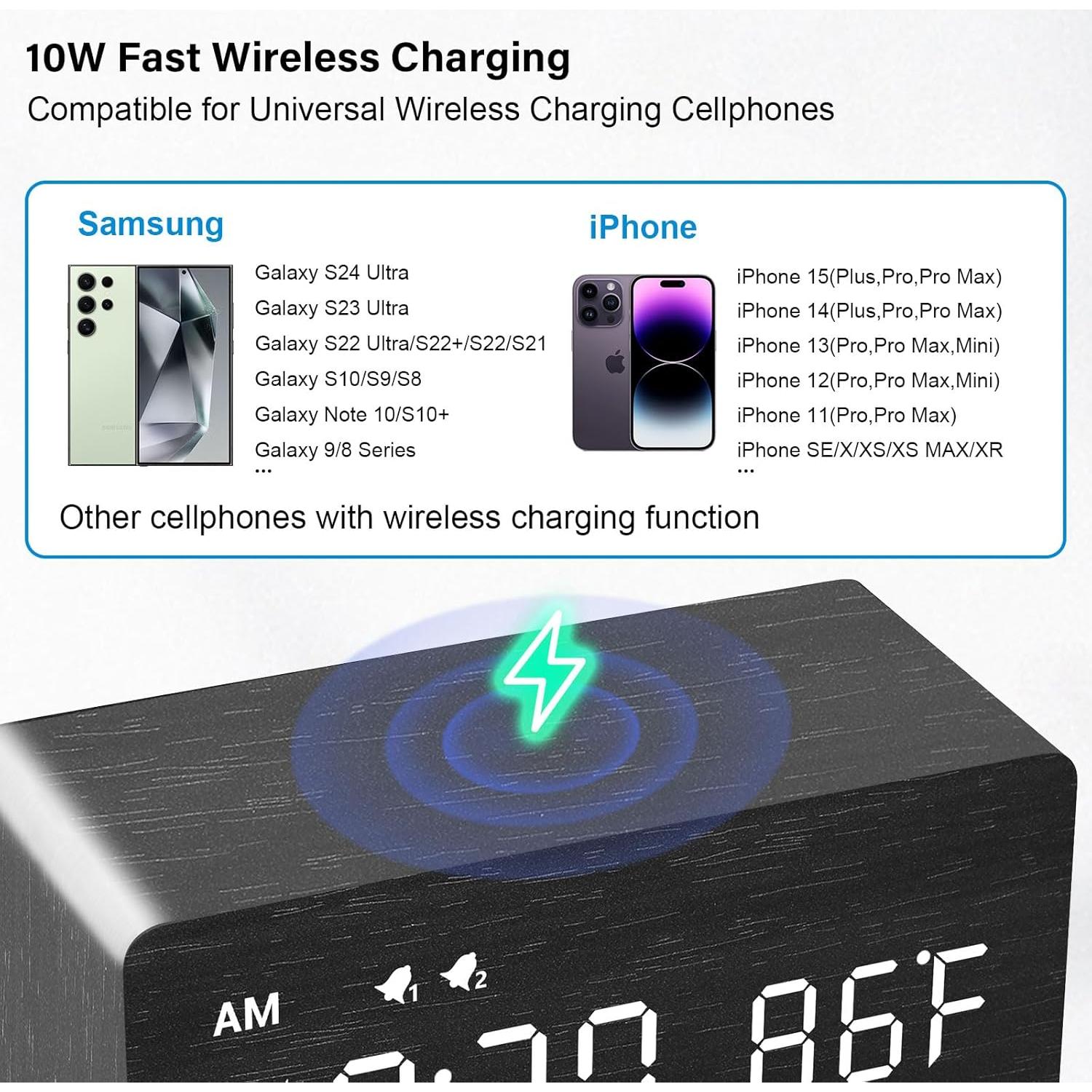 Reloj Despertador Digital de Madera MOSITO Negro con Carga Inalámbrica