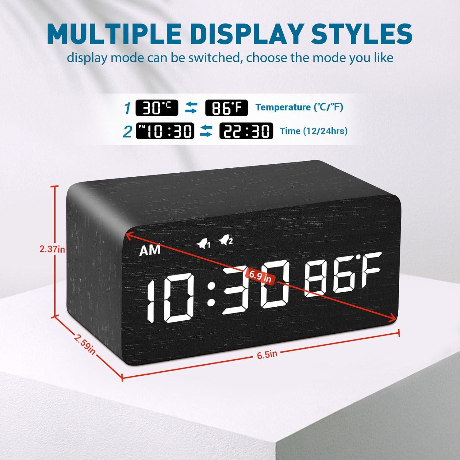 Reloj Despertador Digital de Madera MOSITO Negro con Carga Inalámbrica