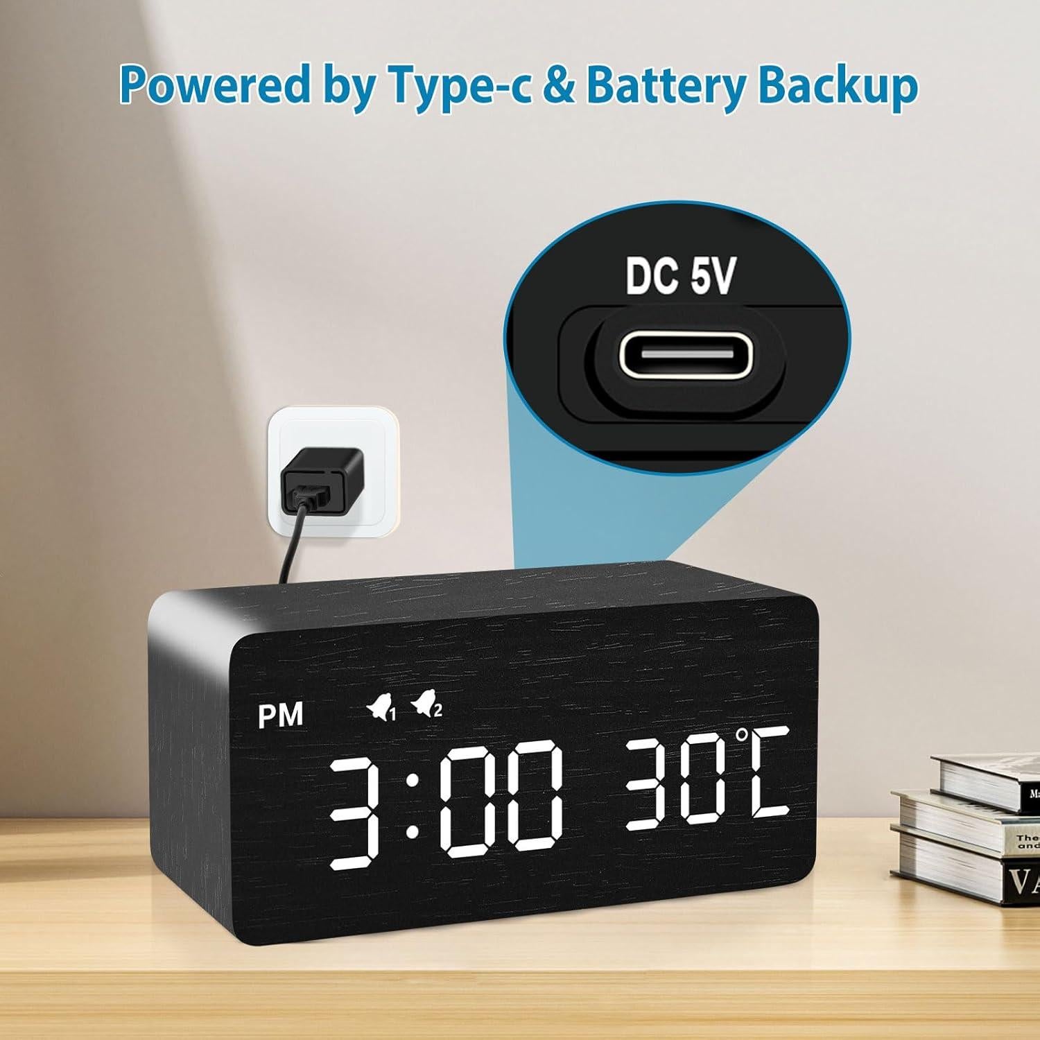 Reloj Despertador Digital de Madera MOSITO Negro con Carga Inalámbrica