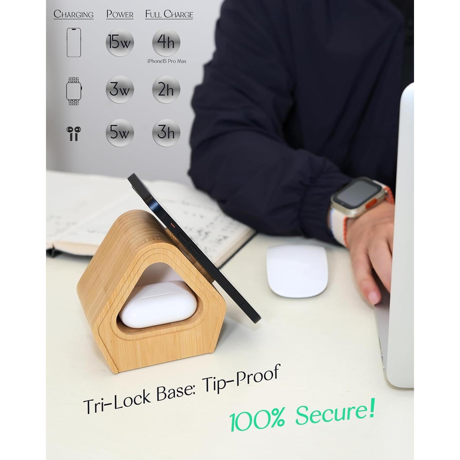 Estación de Carga Inalámbrica 3-en-1 DYEWEAVE de Bambú