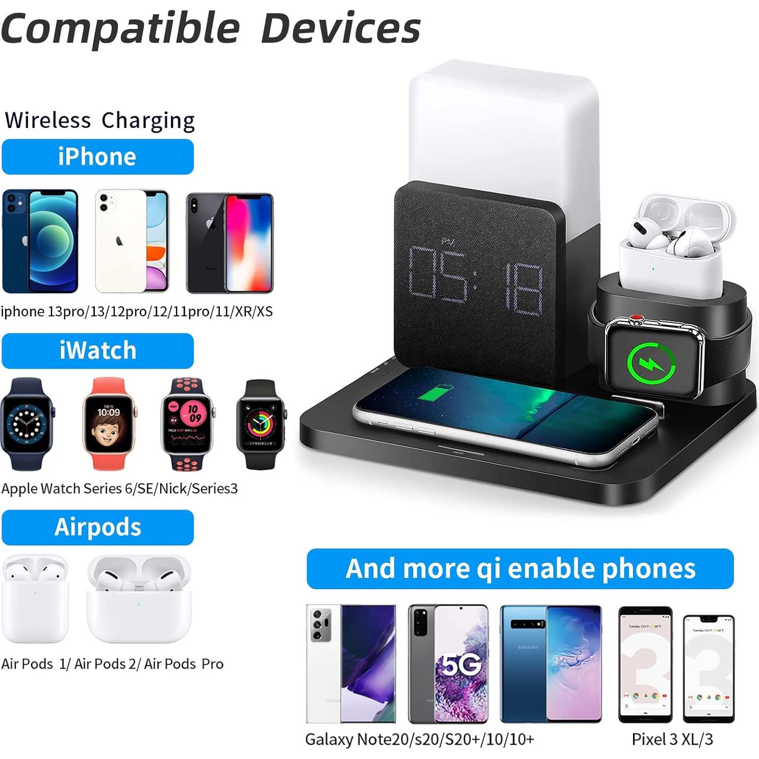 Cargador Inalámbrico LAVONE 3 en 1 con Reloj y Luz Nocturna