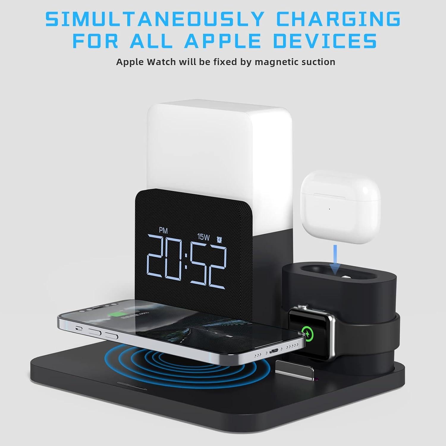 Cargador Inalámbrico LAVONE 3 en 1 con Reloj y Luz Nocturna