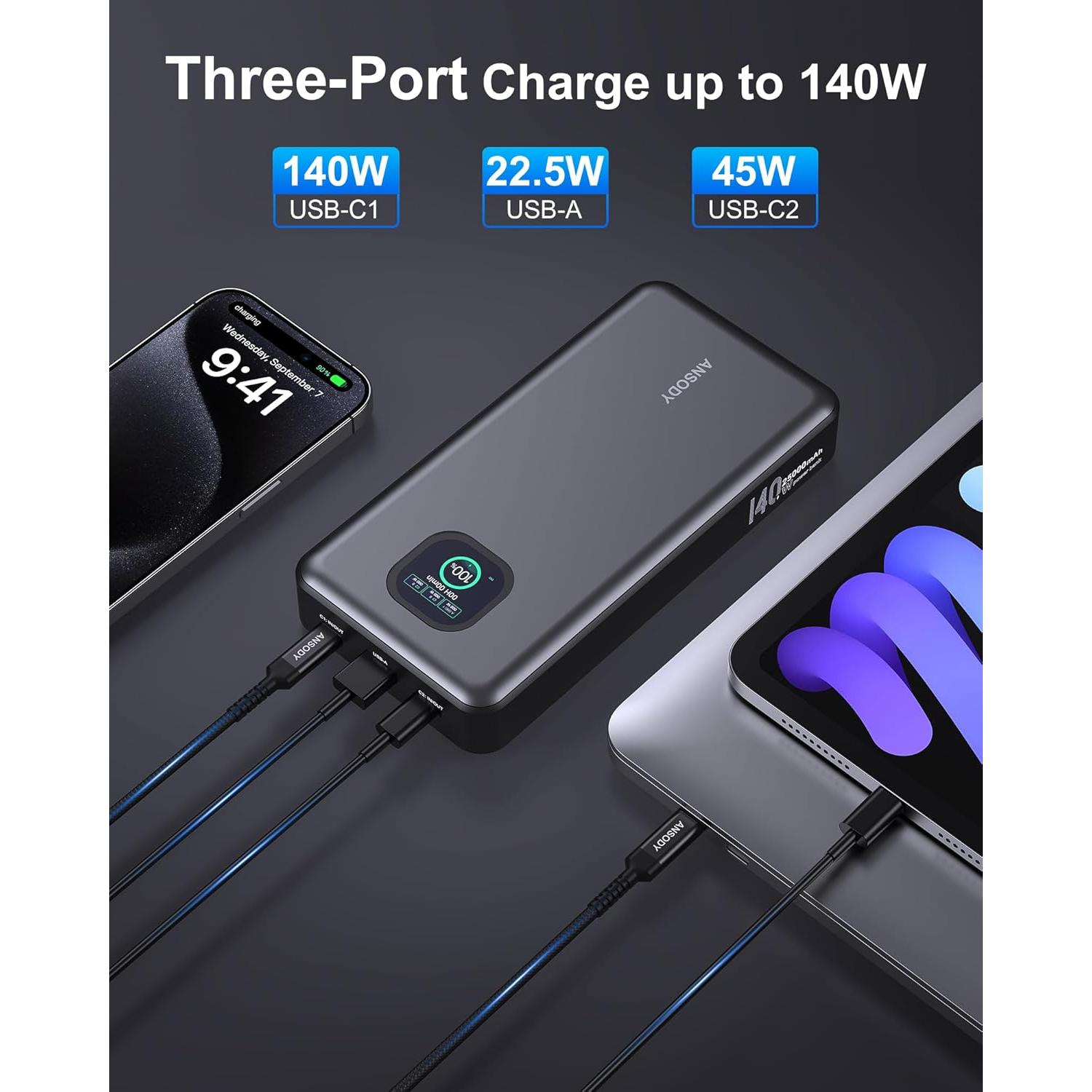 Banco de Energía ANSODY 25000mAh 140W Carga Rápida USB-C