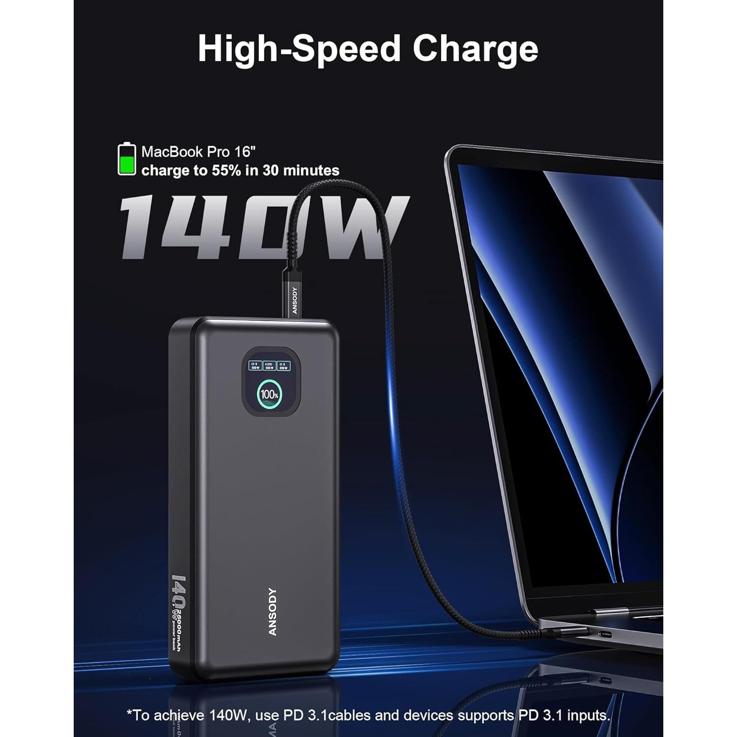Banco de Energía ANSODY 25000mAh 140W Carga Rápida USB-C