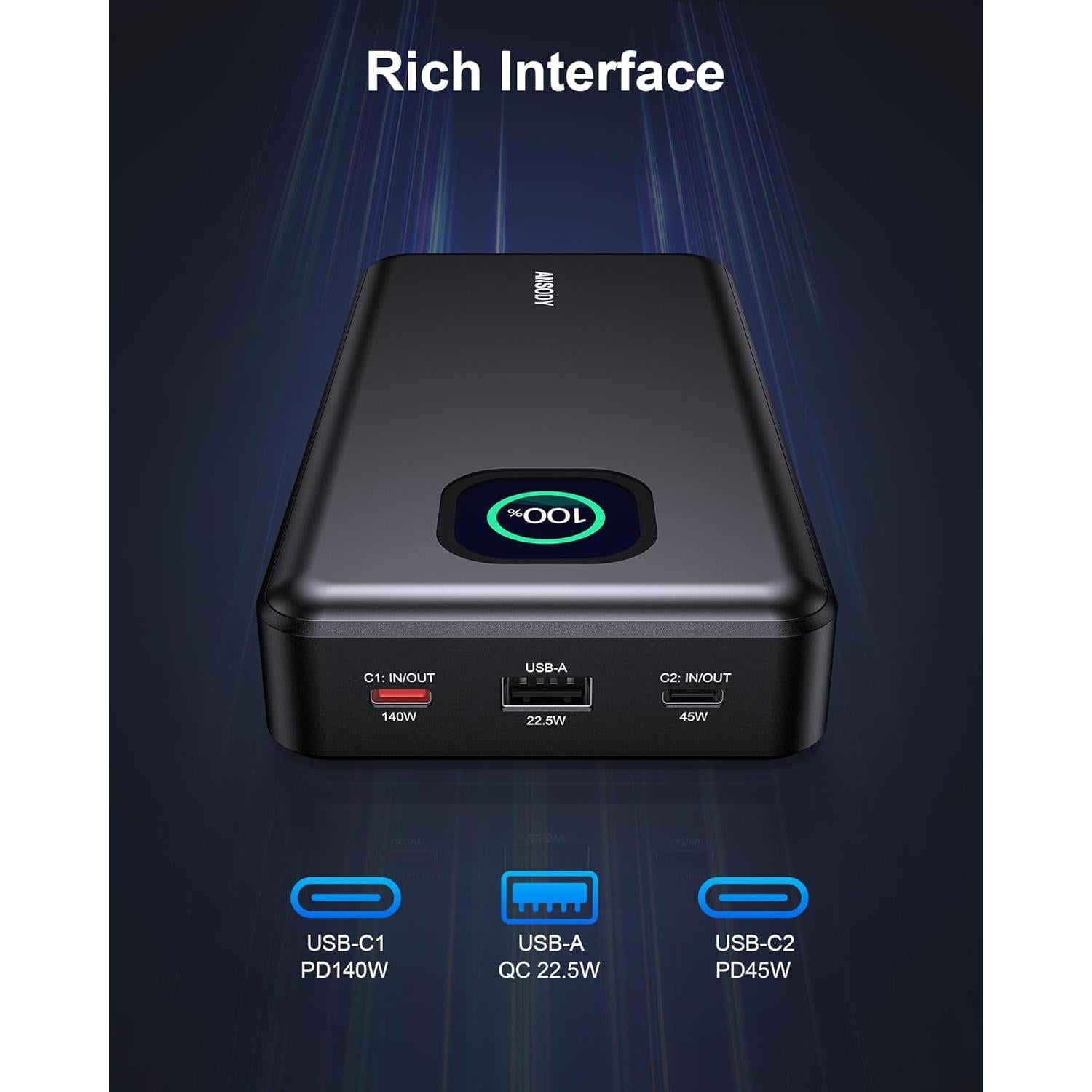 Banco de Energía ANSODY 25000mAh 140W Carga Rápida USB-C