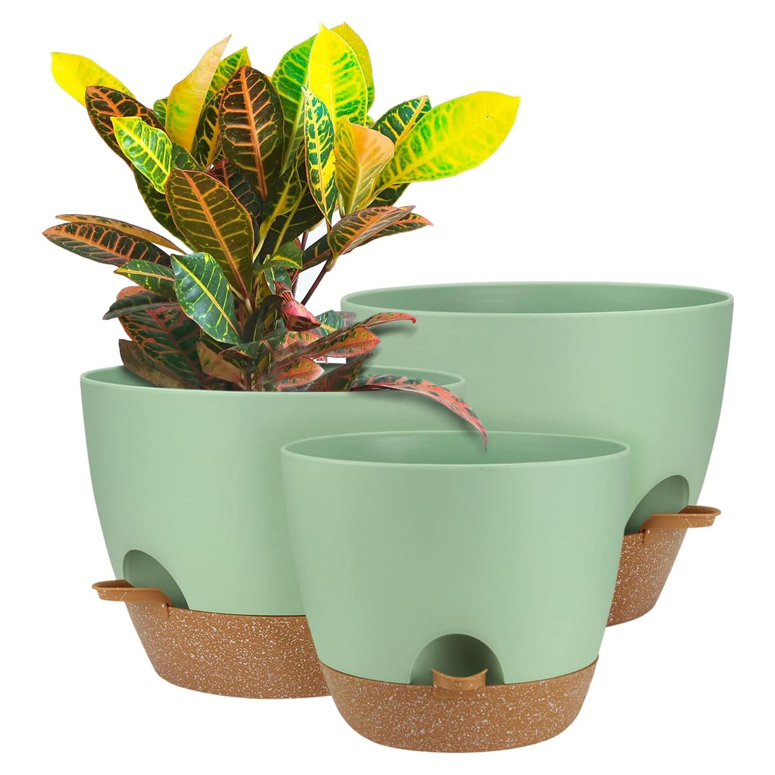 Macetas Autorriego UUBEMM Verde, Juego de 3, 25.4/22.9/20.3 cm