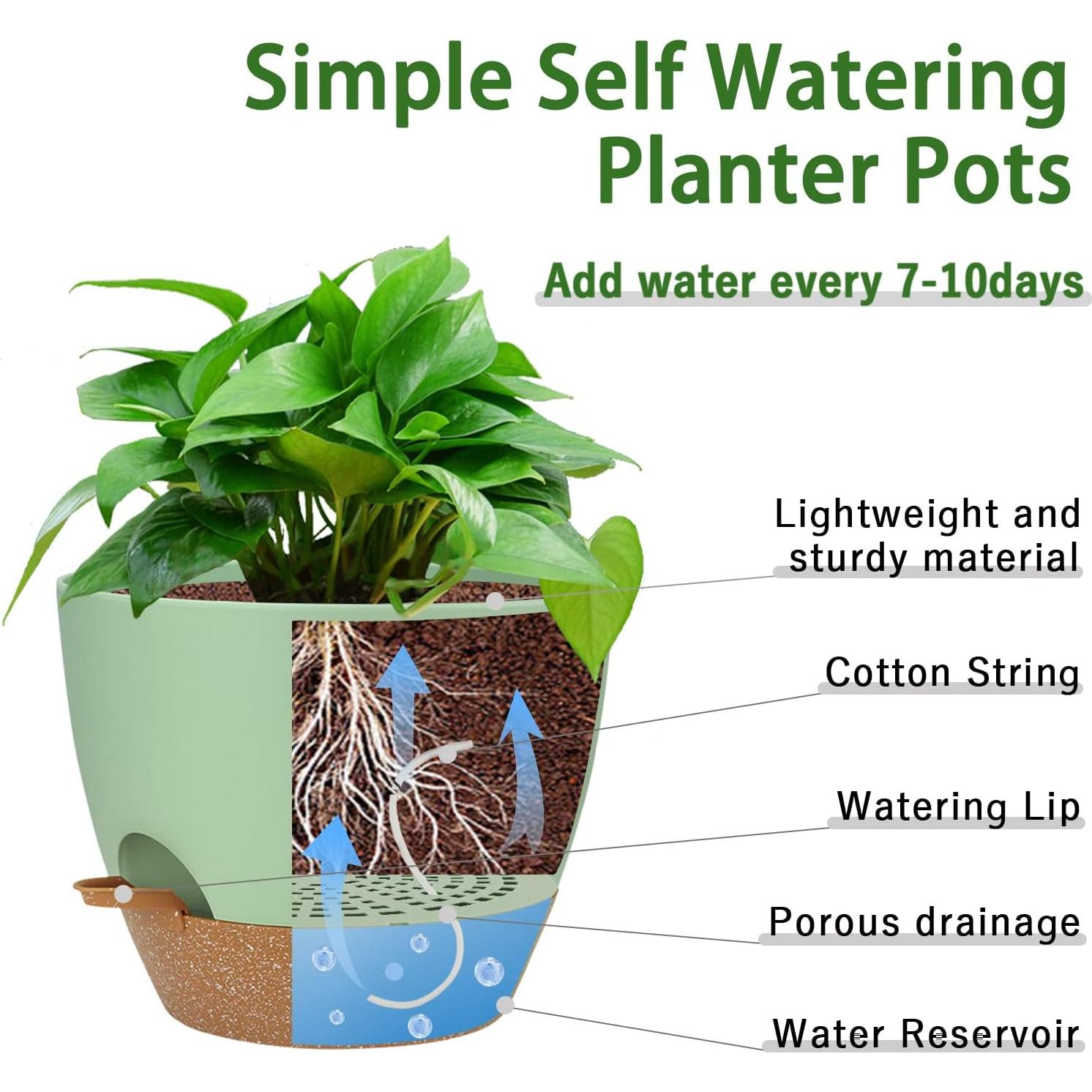 Macetas Autorriego UUBEMM Verde, Juego de 3, 25.4/22.9/20.3 cm