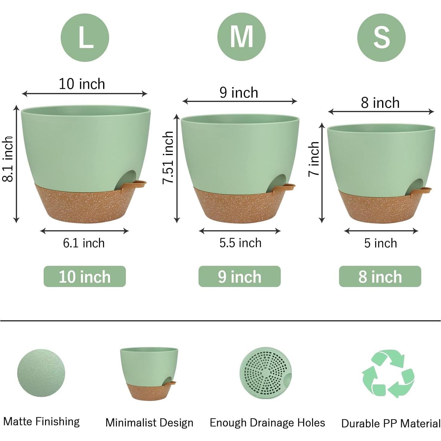 Macetas Autorriego UUBEMM Verde, Juego de 3, 25.4/22.9/20.3 cm