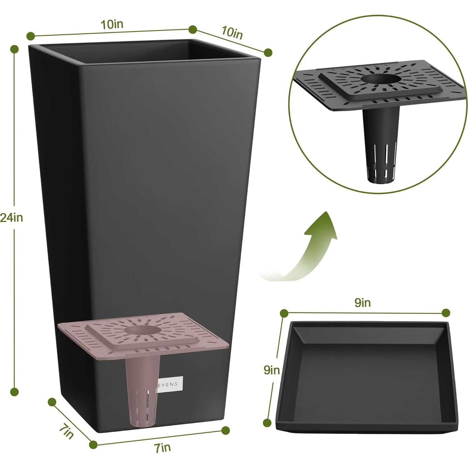 Maceta Elevens 61 cm Negra con Drenaje - 2 Paquetes