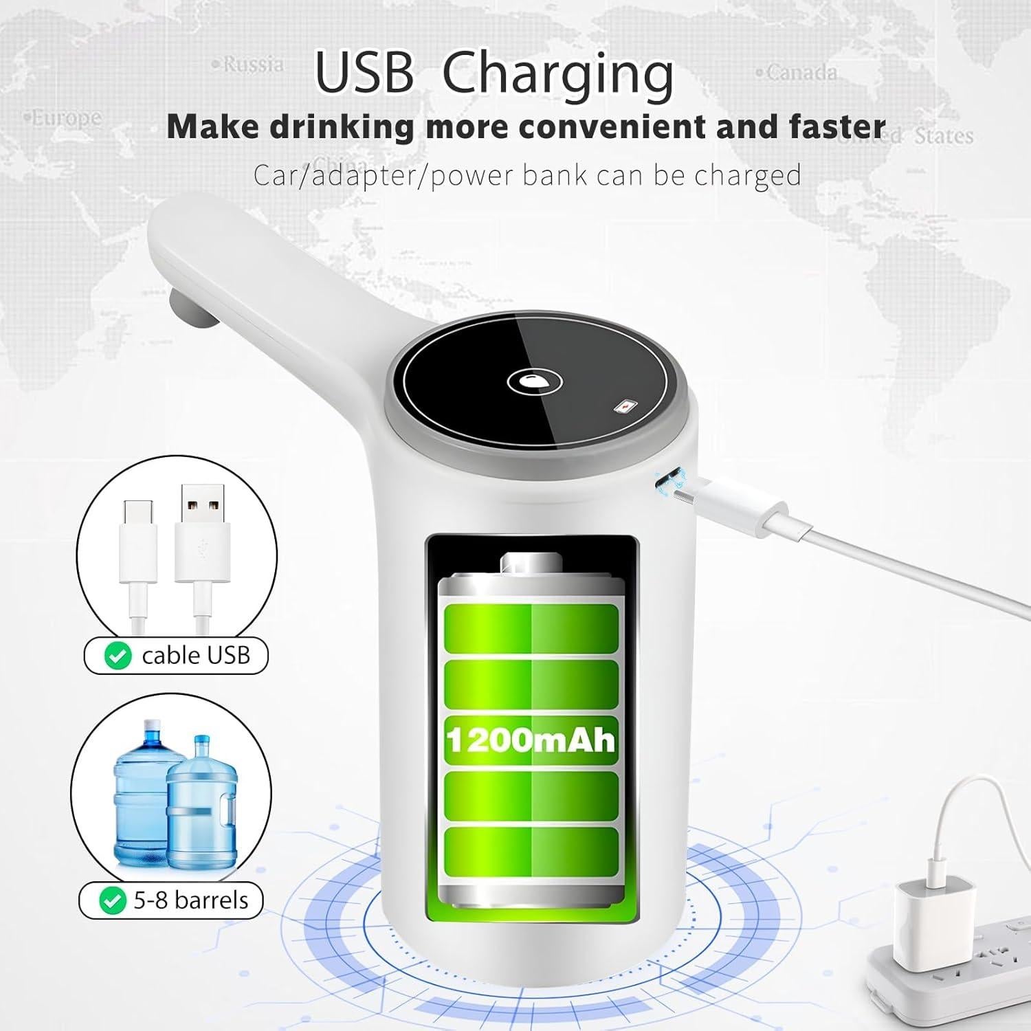 EASYSPEED Water Dispenser for 5 Gallon Bottle Portable Electric Water Pump with 2 Adapters USB-C Charging Battery Powered Automatic Drinking Water Dispenser for Camping, Travel, Kitchen, Office,White
