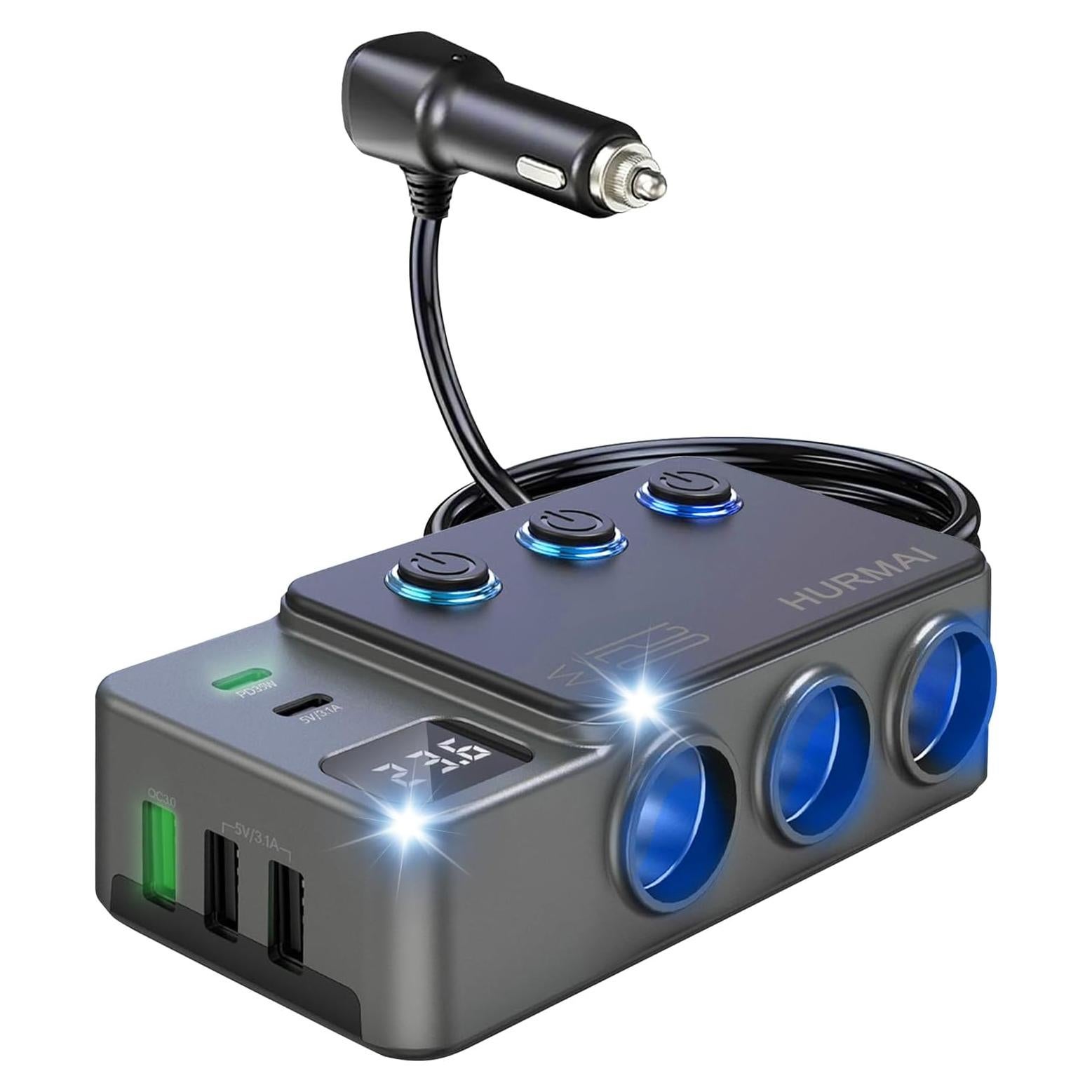 Adaptador Divisor de Encendedor 120W HURMAI 3 Toma 12V USB