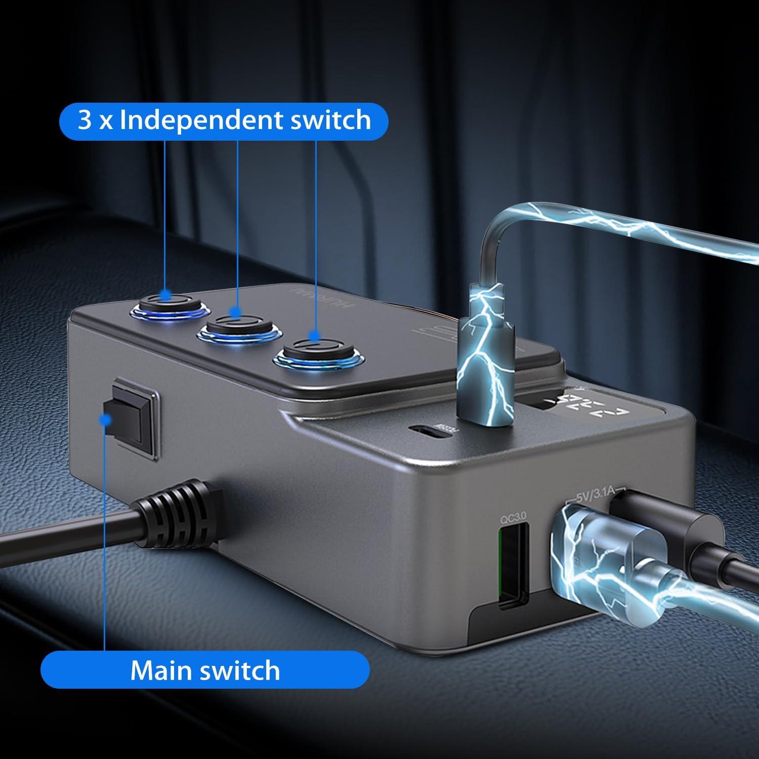 Adaptador Divisor de Encendedor 120W HURMAI 3 Toma 12V USB