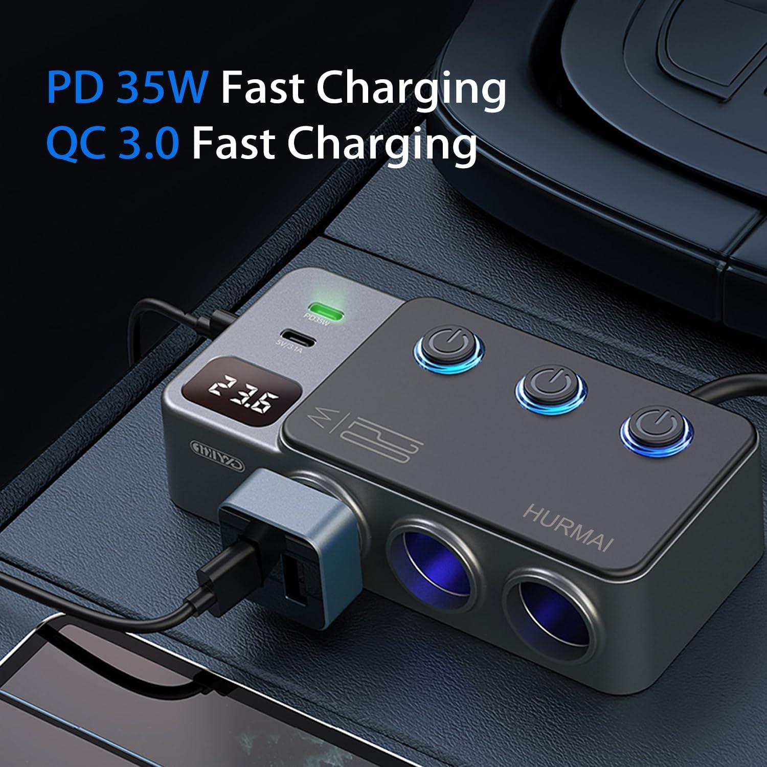 Adaptador Divisor de Encendedor 120W HURMAI 3 Toma 12V USB