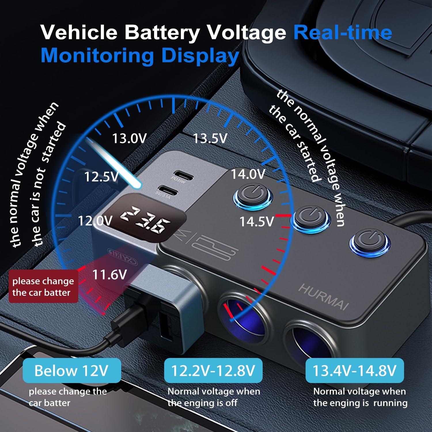 Adaptador Divisor de Encendedor 120W HURMAI 3 Toma 12V USB