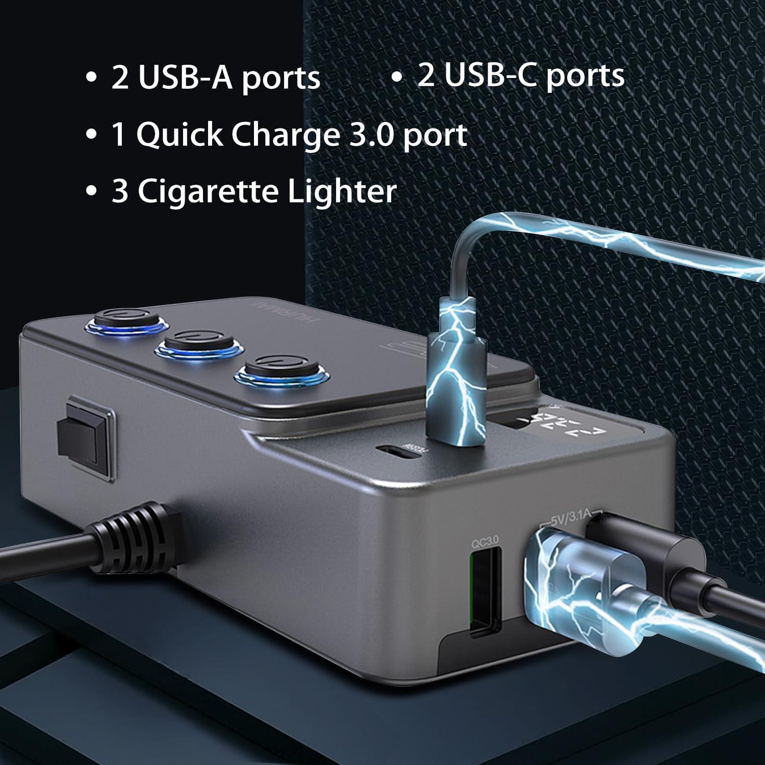 Adaptador Divisor de Encendedor 120W HURMAI 3 Toma 12V USB