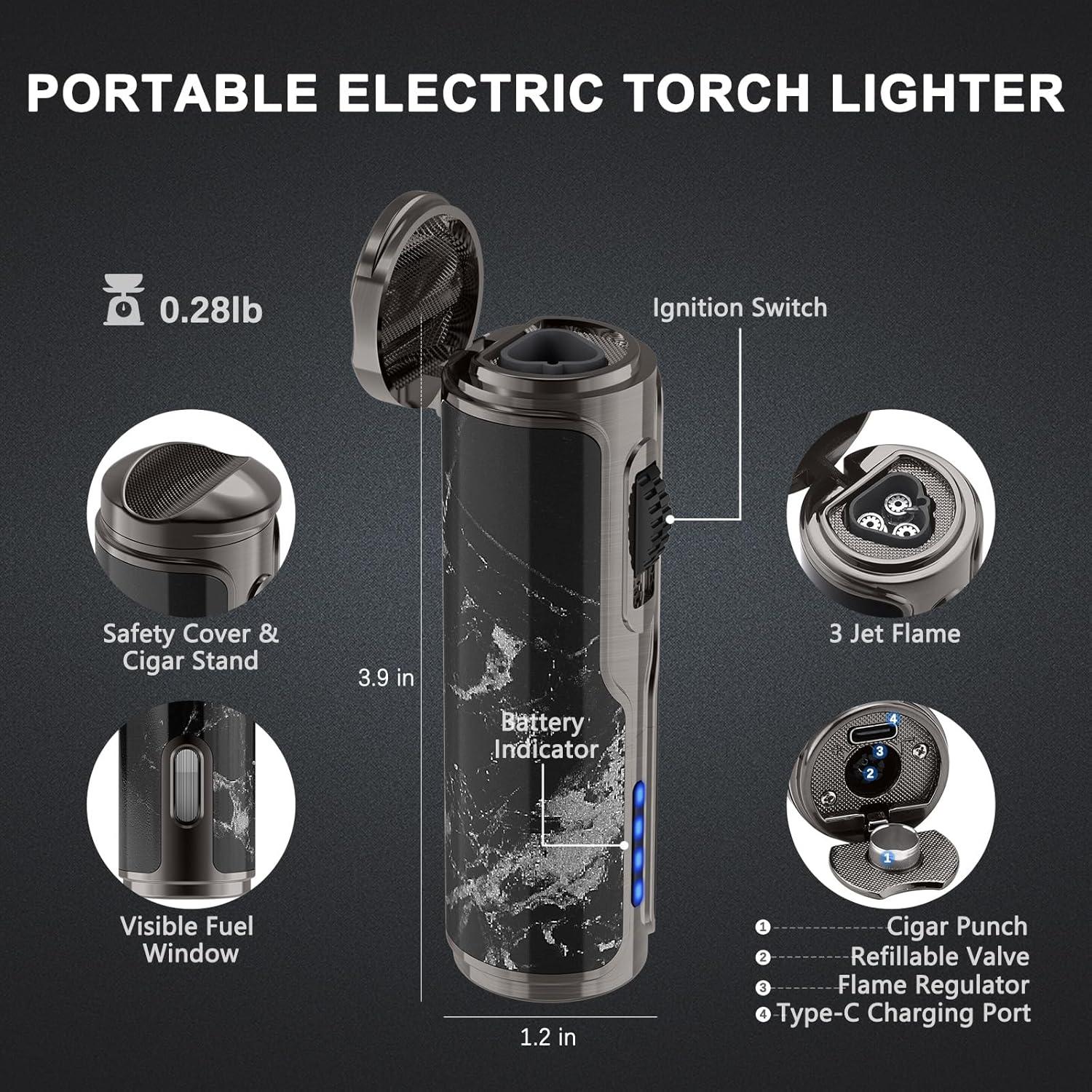 Encendedor de Cigarros LIHTUN Eléctrico Triple Llama Negro