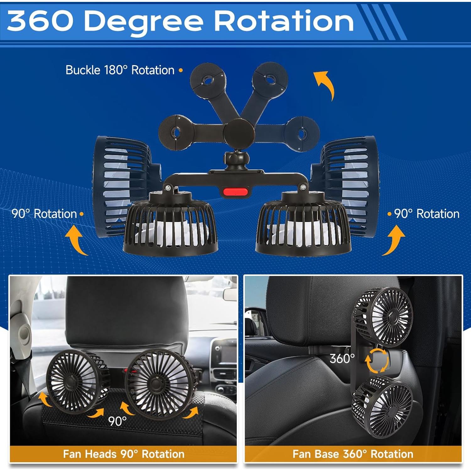 Ventilador de Coche Drosica Doble Cabeza 360° USB 3 Velocidades