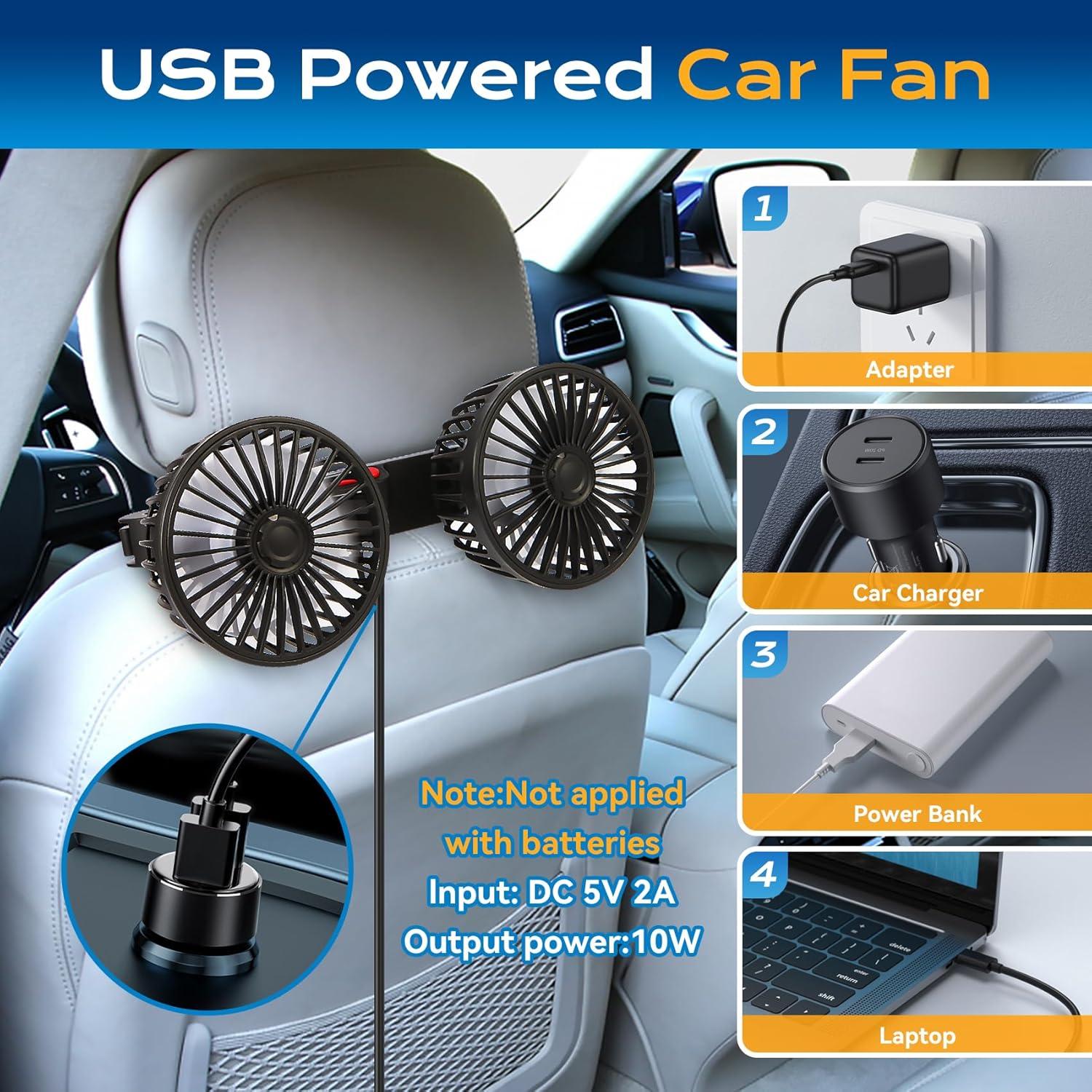 Ventilador de Coche Drosica Doble Cabeza 360° USB 3 Velocidades