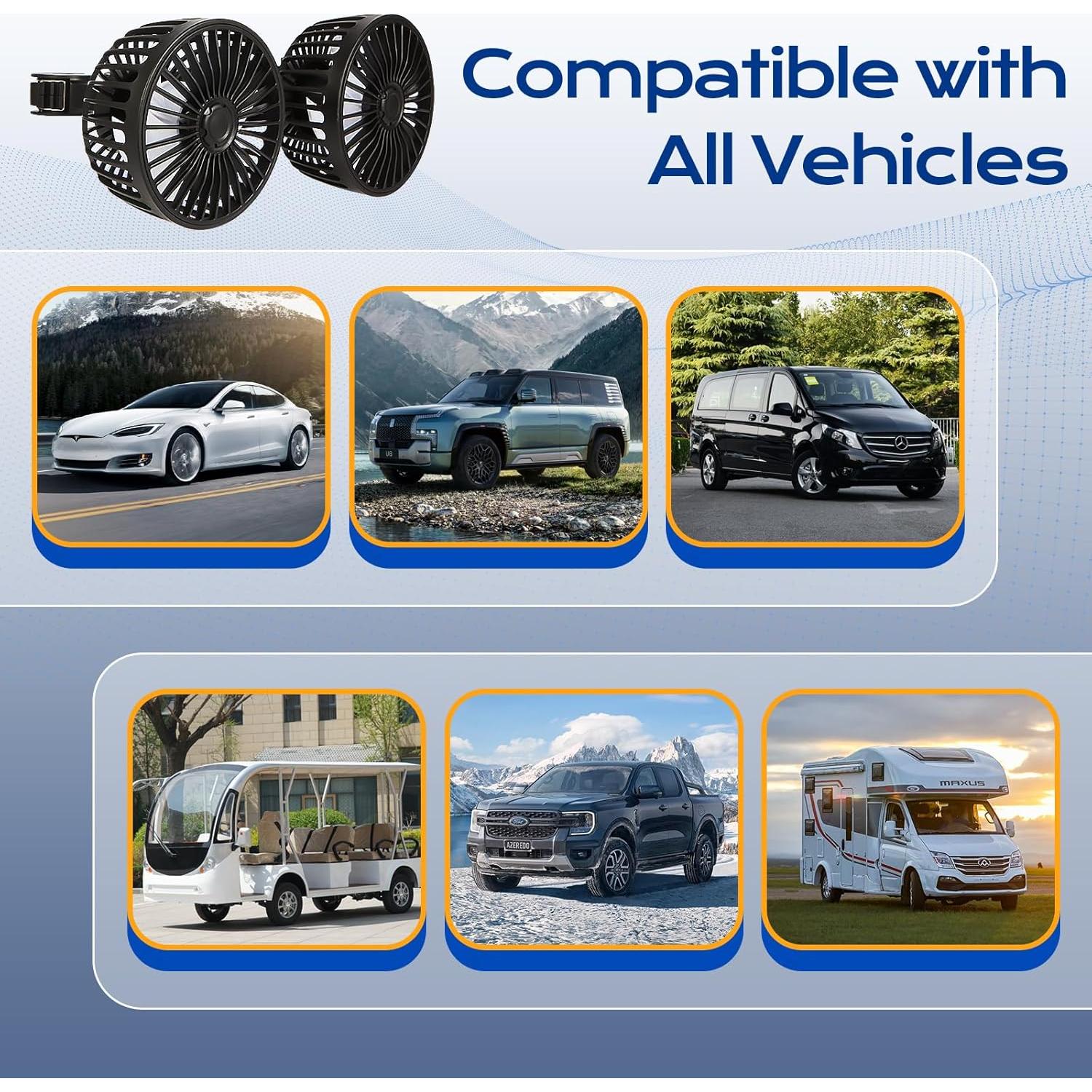 Ventilador de Coche Drosica Doble Cabeza 360° USB 3 Velocidades