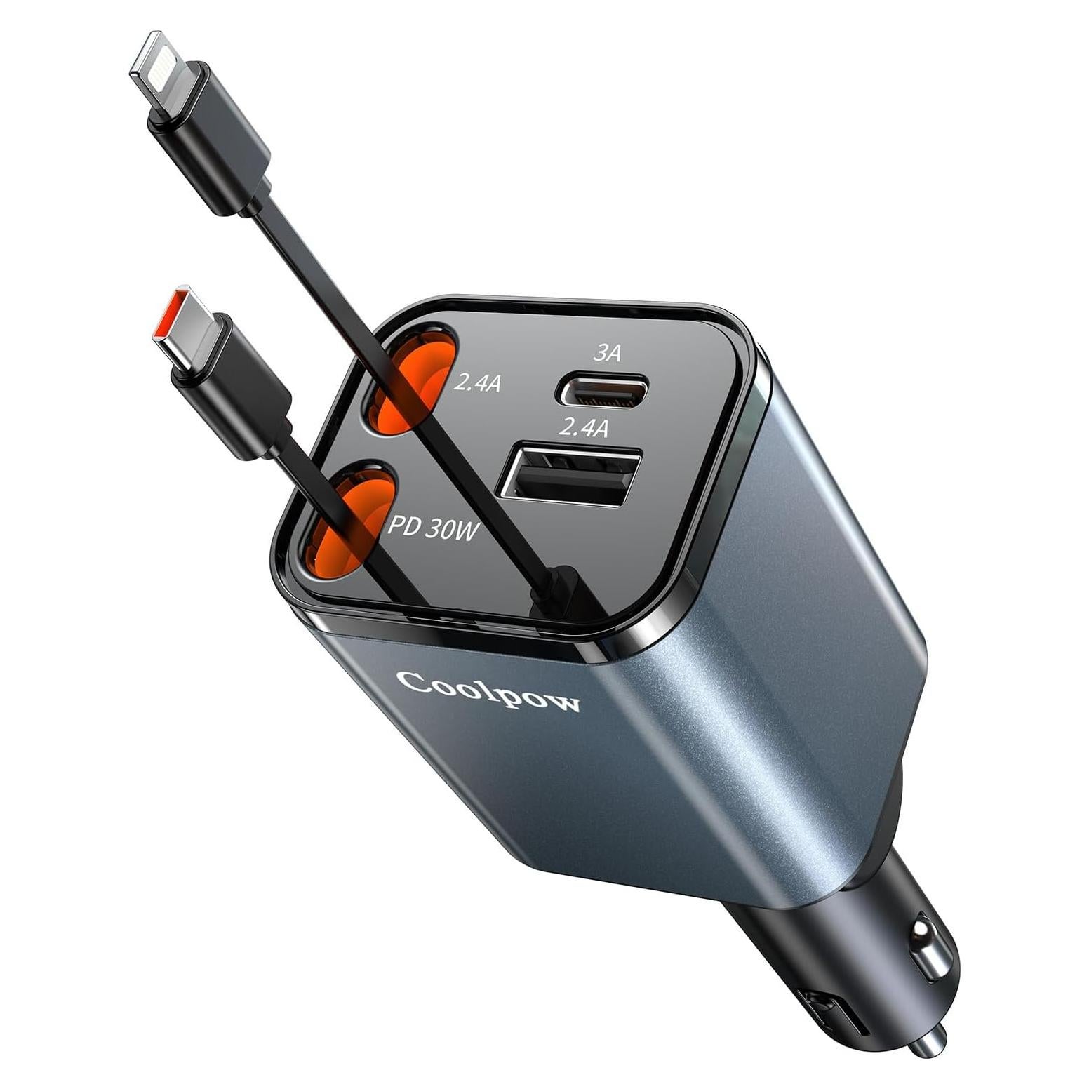 Cargador de Coche USB C 69W Retráctil con 2 Cables
