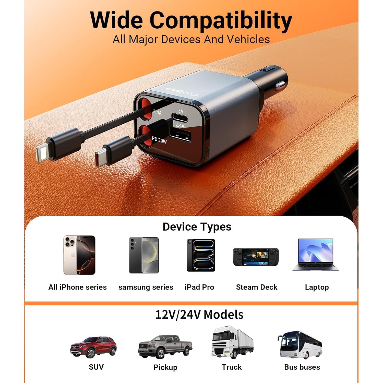 Cargador de Coche USB C 69W Retráctil con 2 Cables