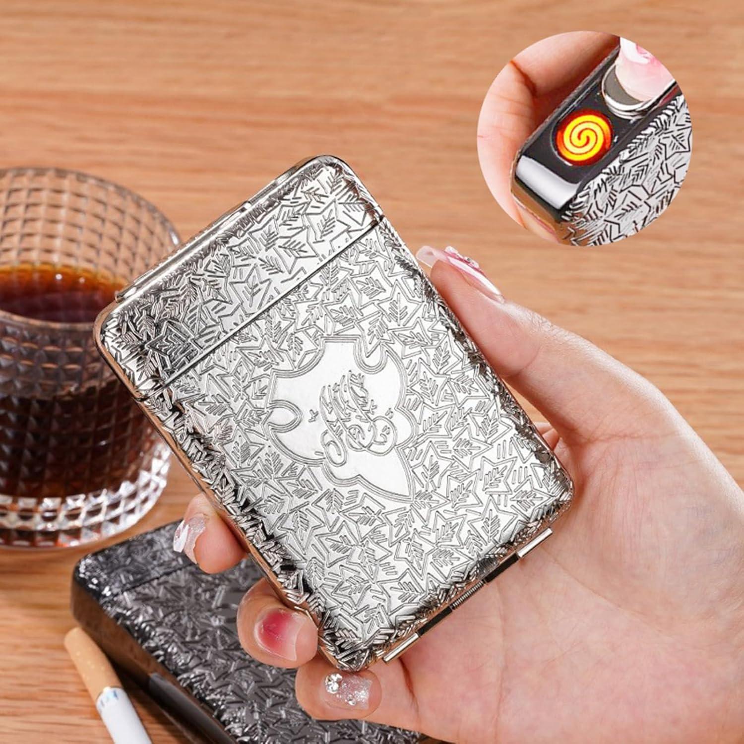 Estuche de Cigarrillos con Encendedor USB CKKC 2 en 1 Plata