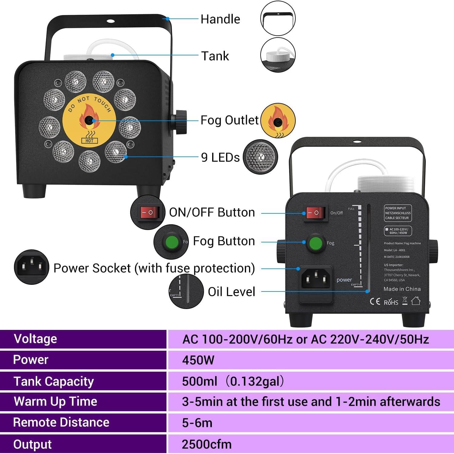 Máquina de Niebla Theefun 900W 2500 CFM 9 LEDs Control Remoto