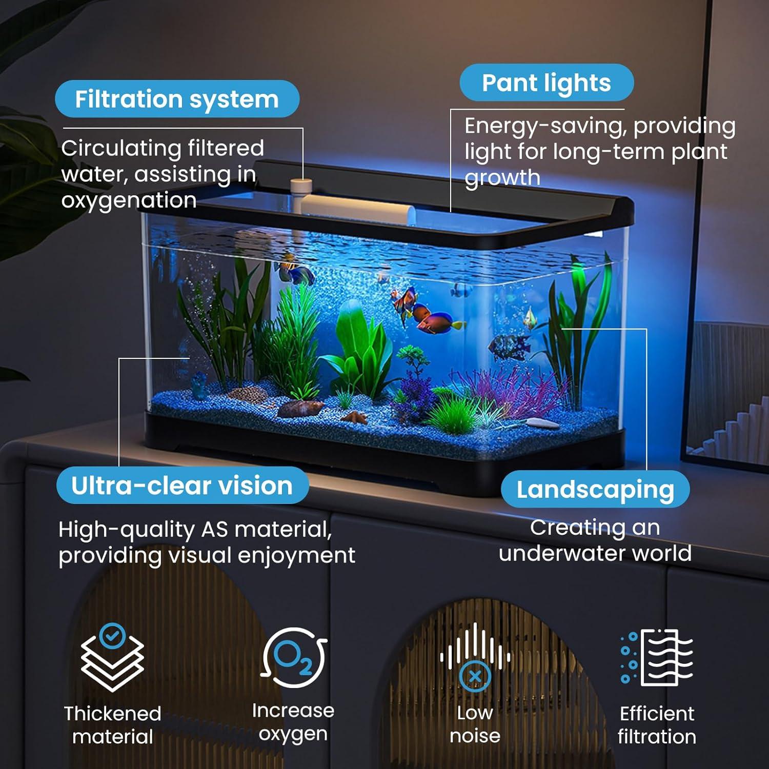 Kit de Acuario LED Tuhaoking 53L con Luz, Filtro y Decoración
