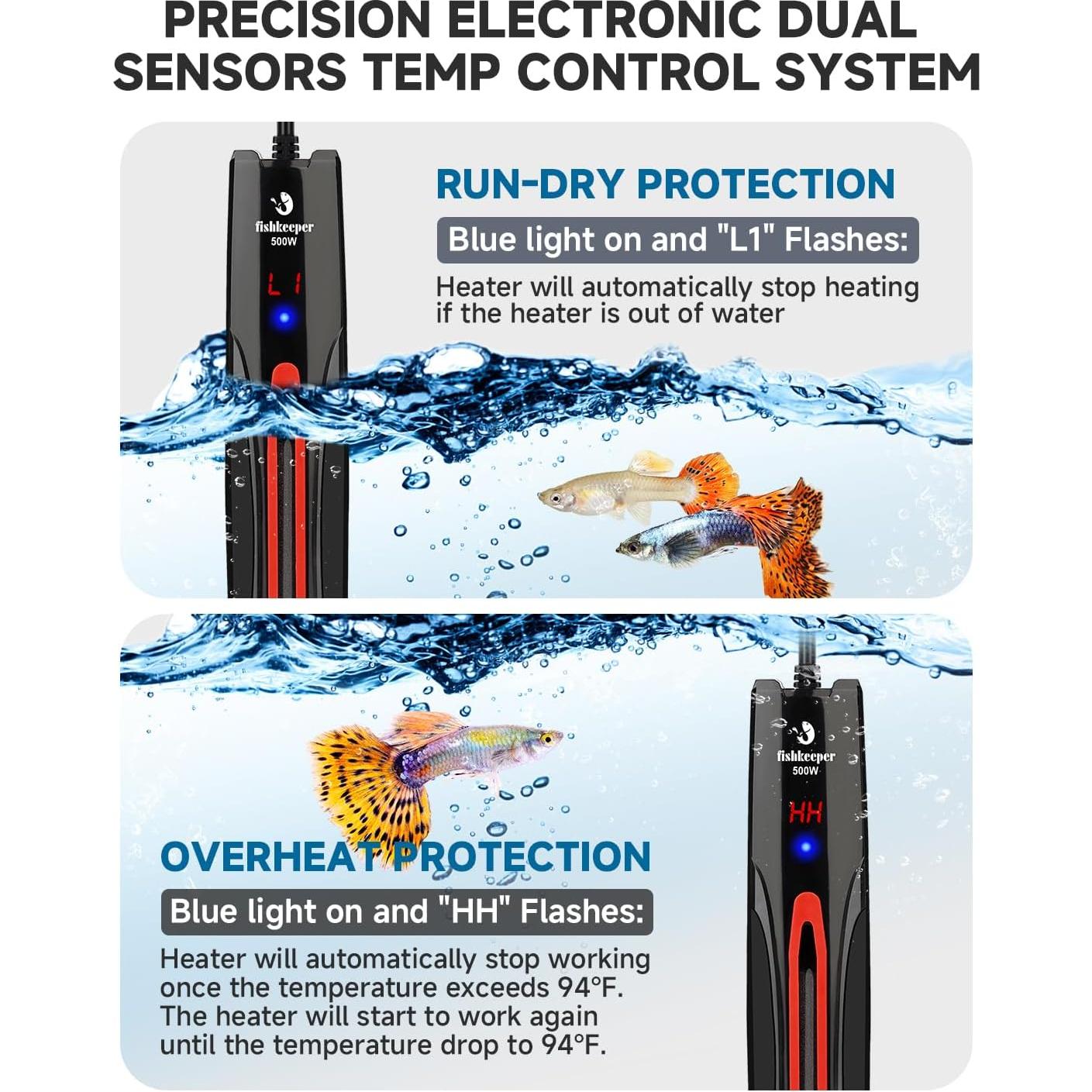 Calentador de Acuario Sumergible Fishkeeper 500W para 250-450L