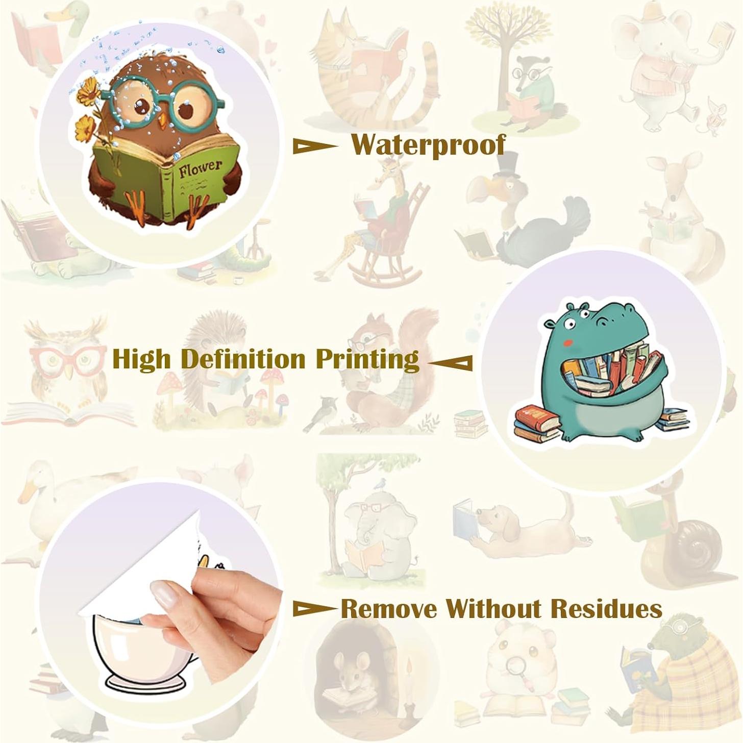 Pegatinas de Animales Literarios Ychsring - 100 Pcs Vinilo Impermeable