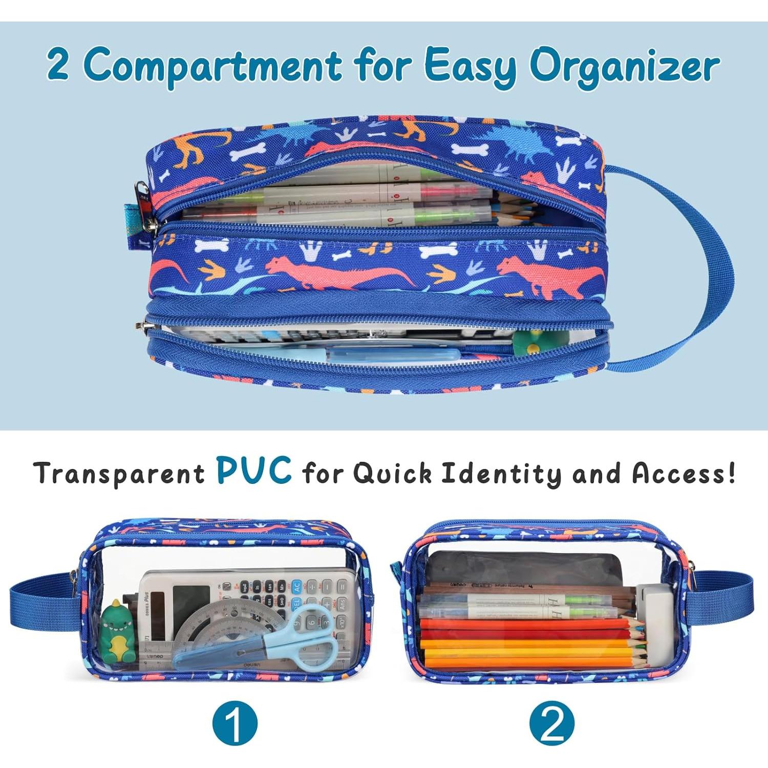 Estuche de Lápices Transparente Bagseri Dinosaurio Azul 21.5x9.5 cm