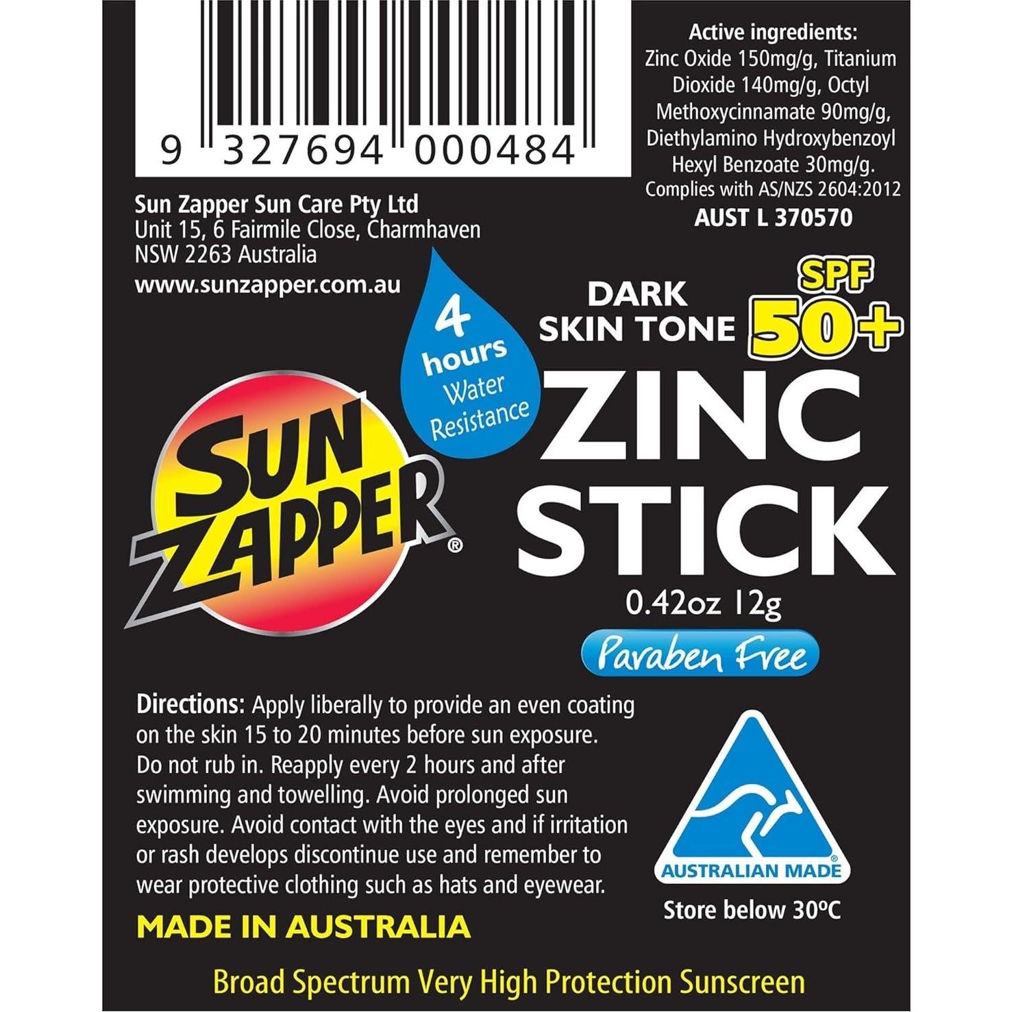 Protector Solar Stick Sun Zapper Zinc Oxide SPF 50+ 12g Piel Oscura
