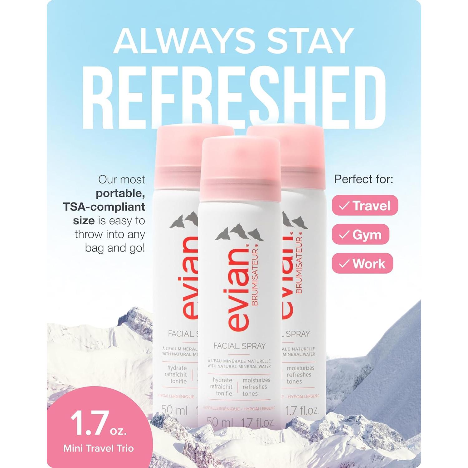 BRUMISATEUR Evian Facial Spray 1.7 oz - Hydrating Mineral Water Mist for Face & Skin - Refreshes Makeup and Tones Skin - TSA-Approved Mini Facial Spray Set for Daily Skincare Hydration