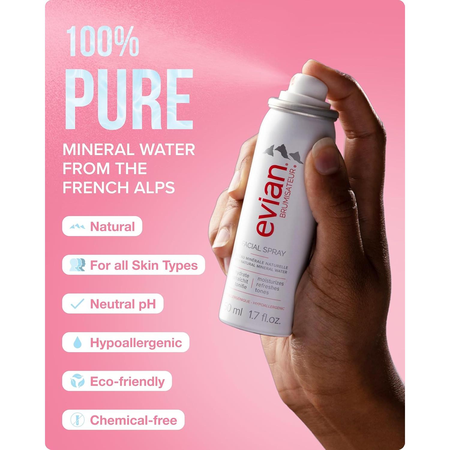BRUMISATEUR Evian Facial Spray 1.7 oz - Hydrating Mineral Water Mist for Face & Skin - Refreshes Makeup and Tones Skin - TSA-Approved Mini Facial Spray Set for Daily Skincare Hydration