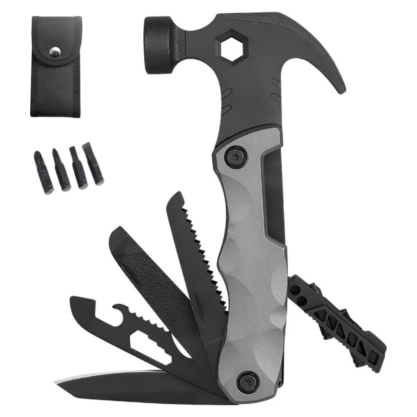 Multitool Claw Hammer, 13 in 1 Camping Tool with Pocket Bag, Multipurpose Tool Hammer for DIY and Outdoor Survival（Grey)
