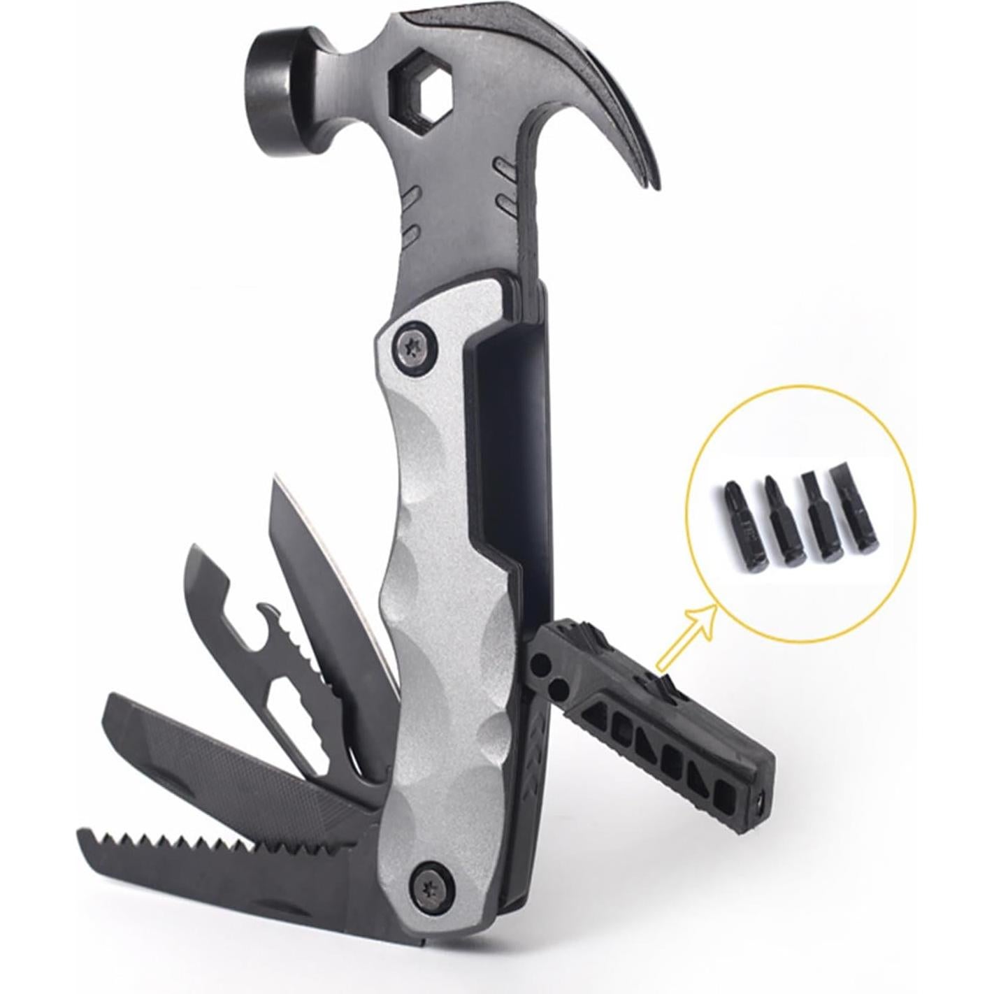Multitool Claw Hammer, 13 in 1 Camping Tool with Pocket Bag, Multipurpose Tool Hammer for DIY and Outdoor Survival（Grey)