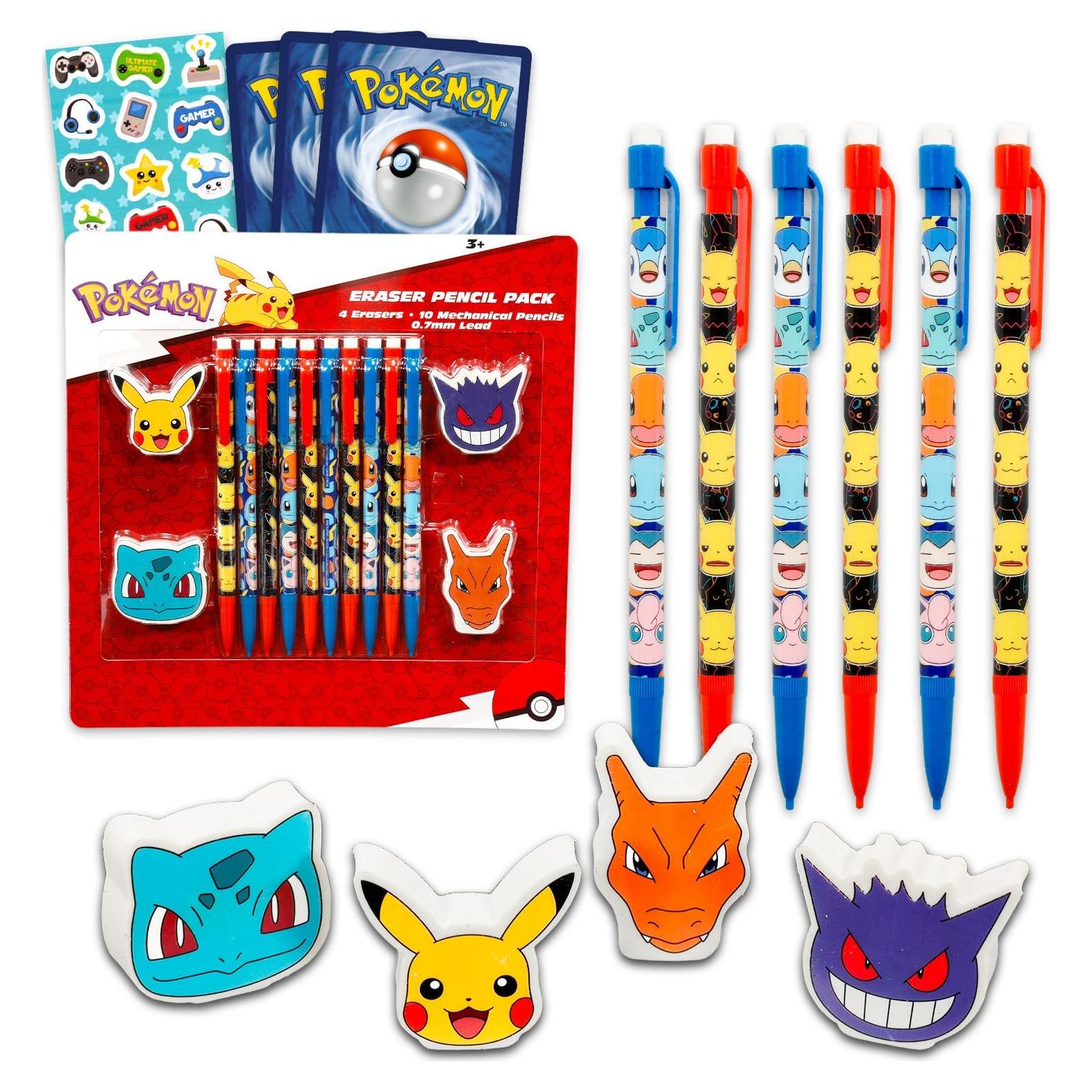 Conjunto de 10 Lápices Mecánicos Pokemon + 4 Borradores + Stickers