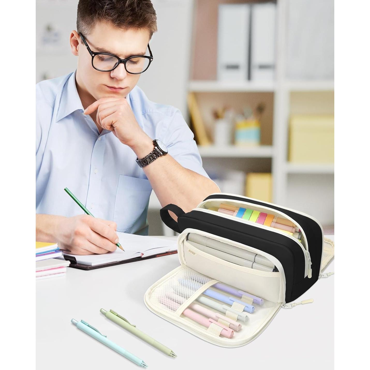 Estuche de Lápices Grande SUNEE Negro Kawaii 3 Compartimentos