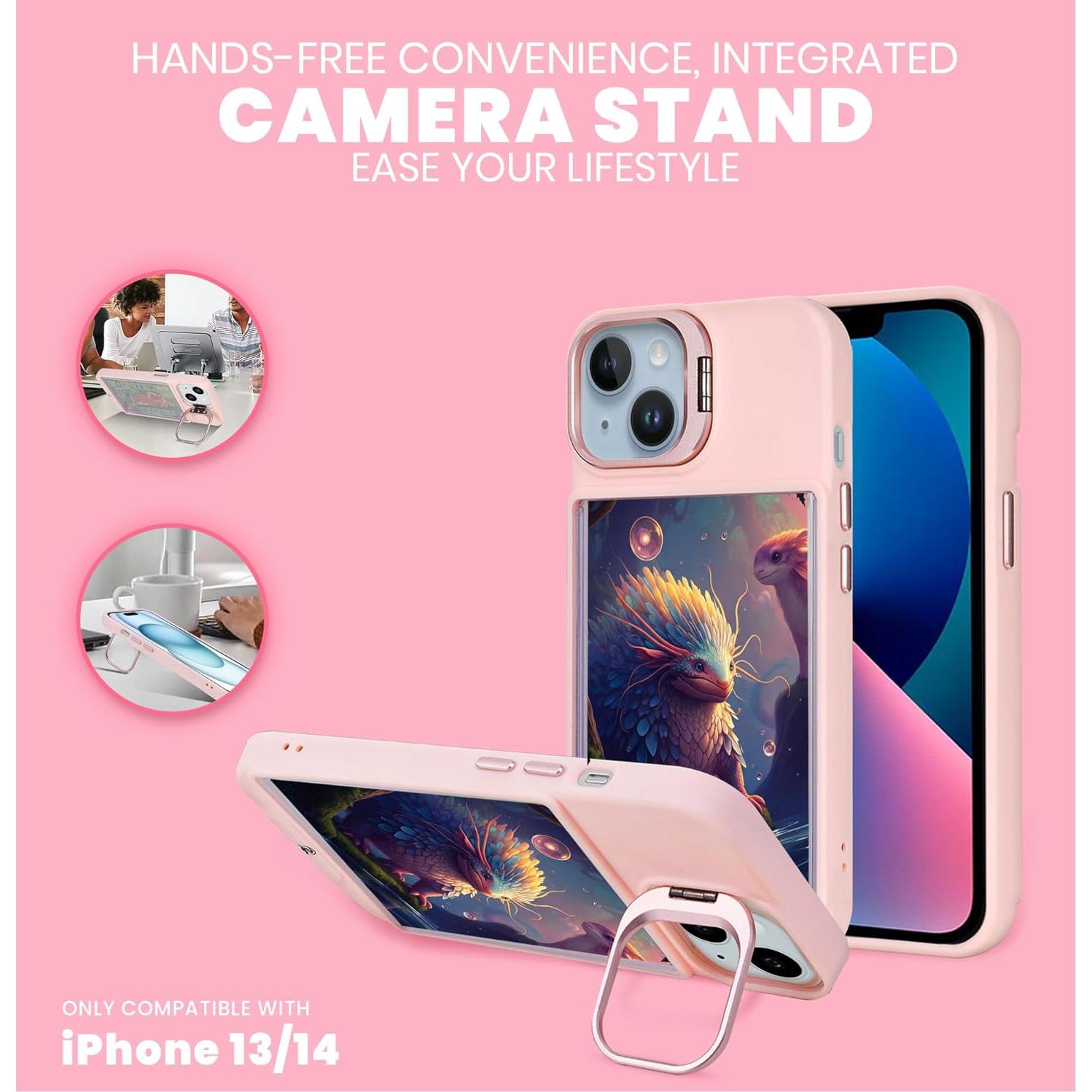 Funda protectora rosa para iPhone 13 y 14 con display y soporte