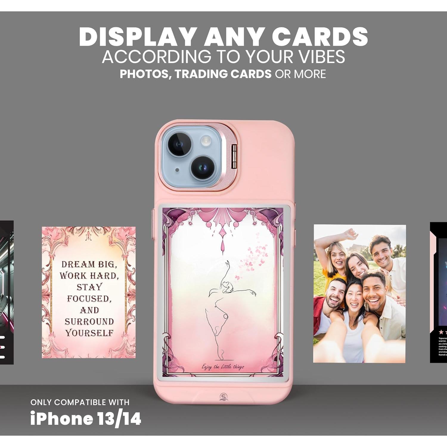 Funda protectora rosa para iPhone 13 y 14 con display y soporte