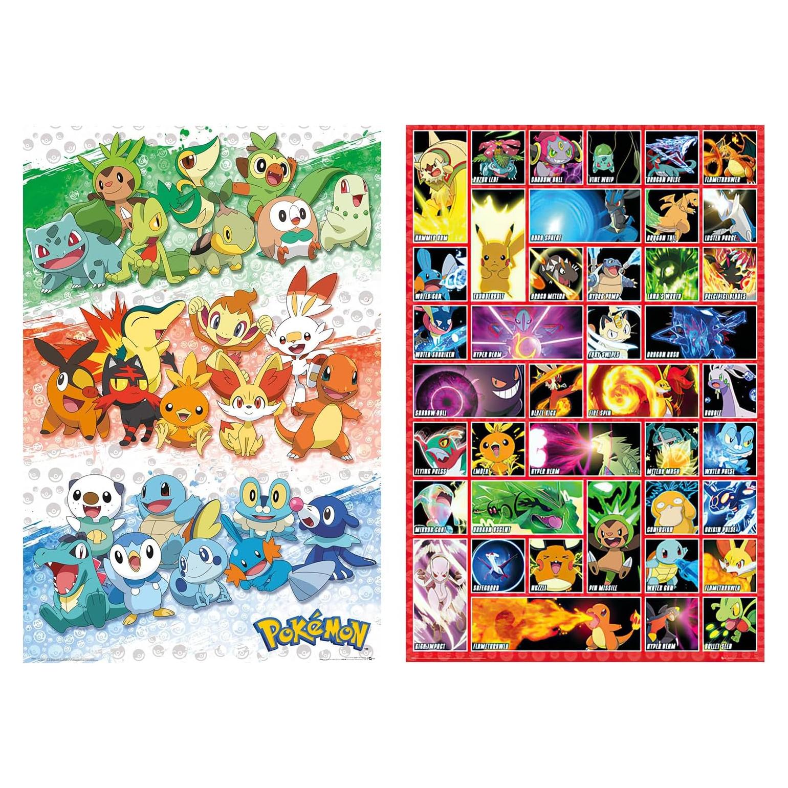 Conjunto de Pósters Pokémon 2 Piezas 61x91 cm - Primeros Compañeros y Movimientos