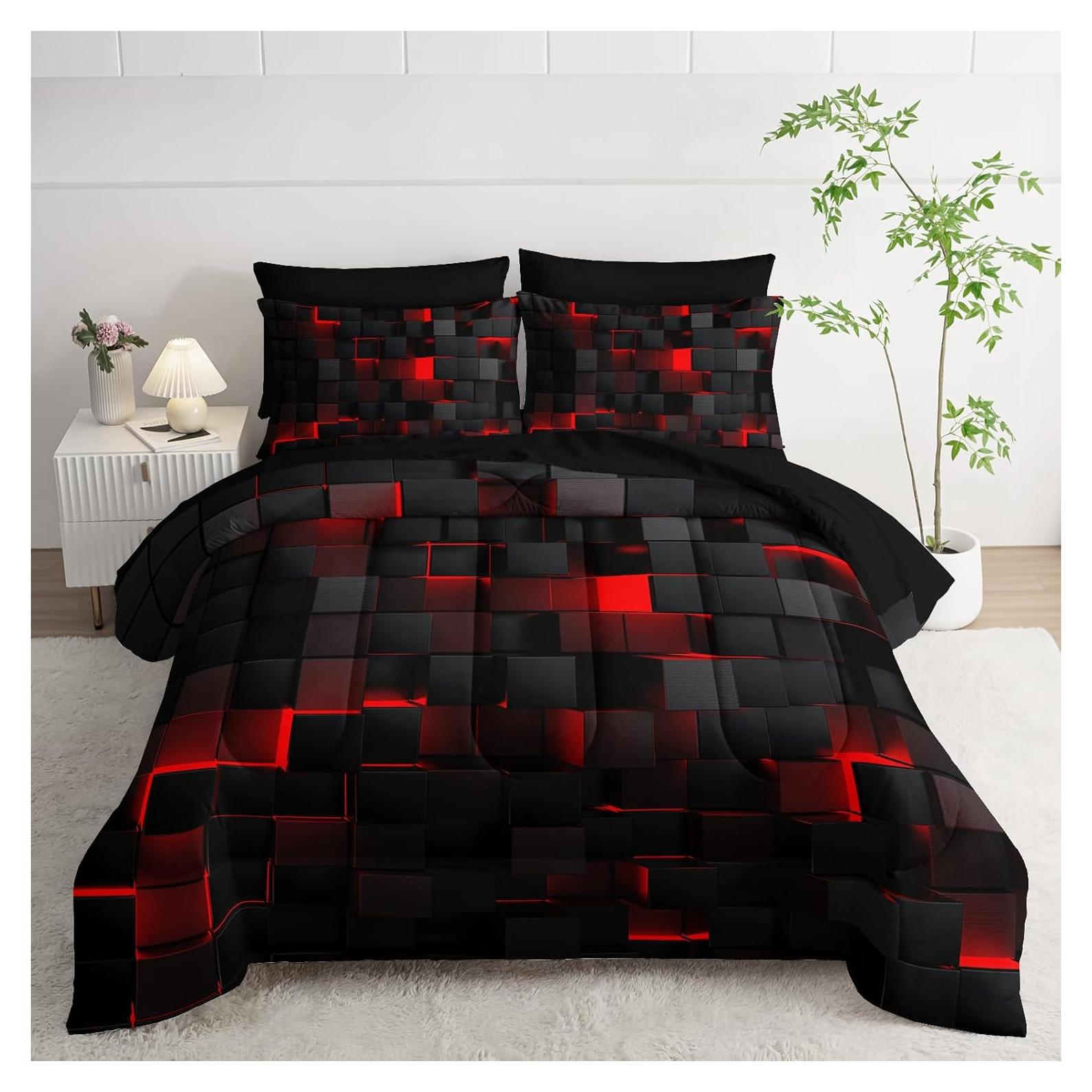 Juego de Edredón Geométrico Rojo Negro Twin 7 Piezas Nttopship