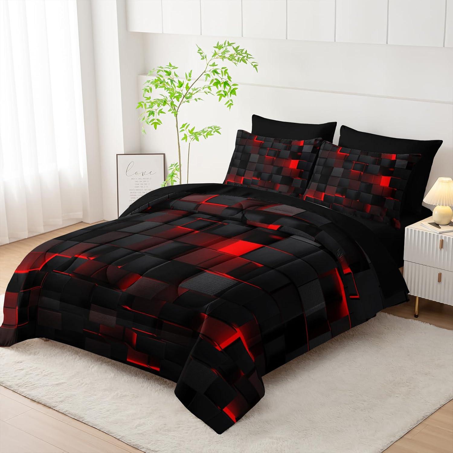 Juego de Edredón Geométrico Rojo Negro Twin 7 Piezas Nttopship