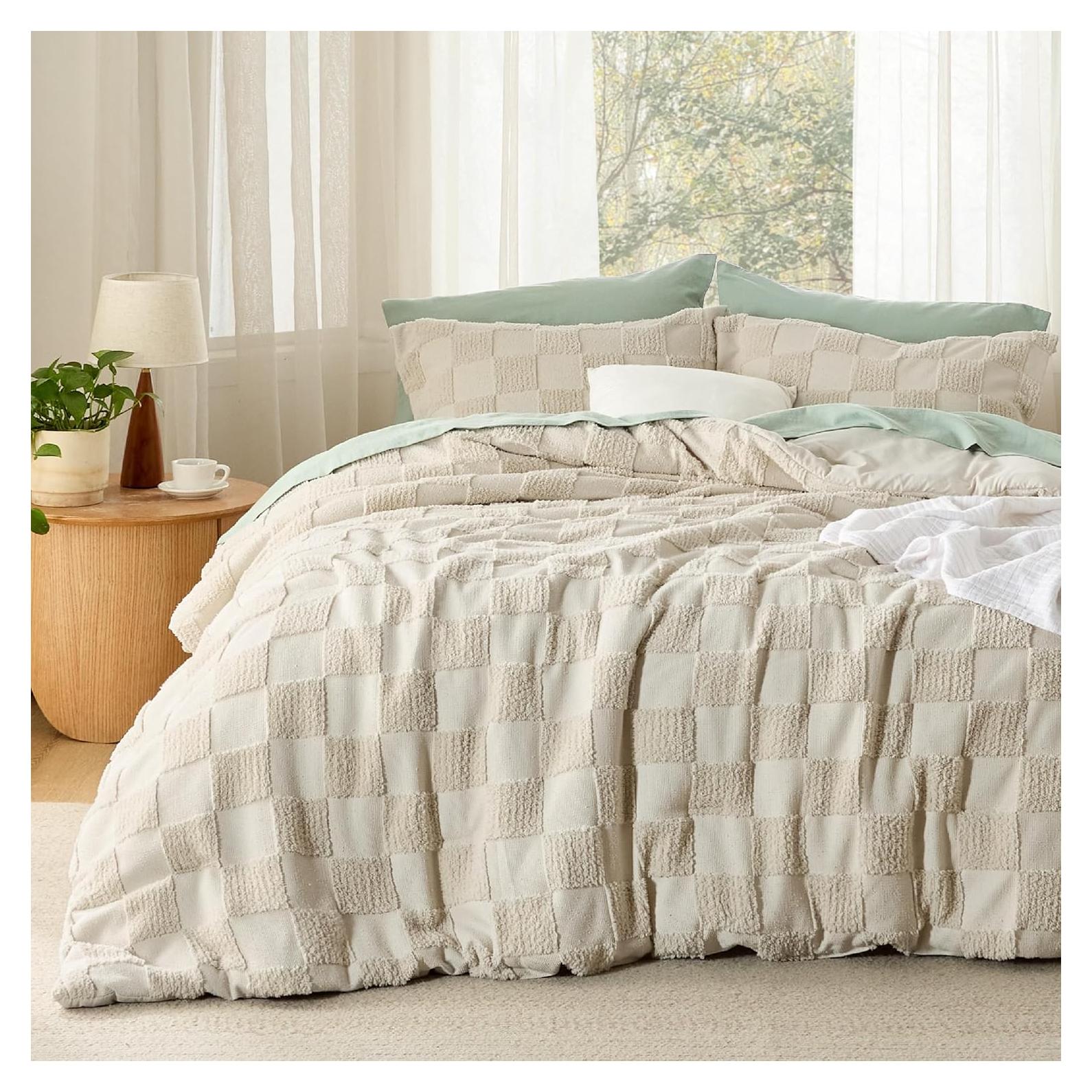 Juego de Edredón Queen Bedsure Beige Cuadro con Relieve 3 Piezas