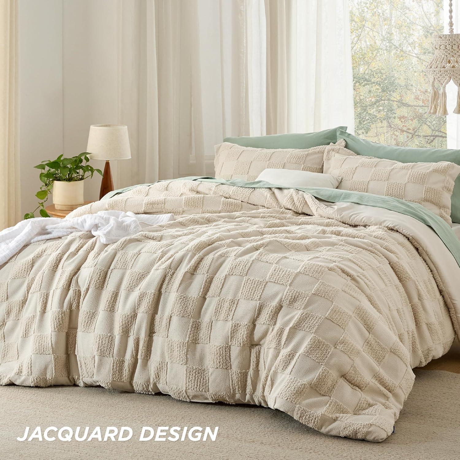 Juego de Edredón Queen Bedsure Beige Cuadro con Relieve 3 Piezas