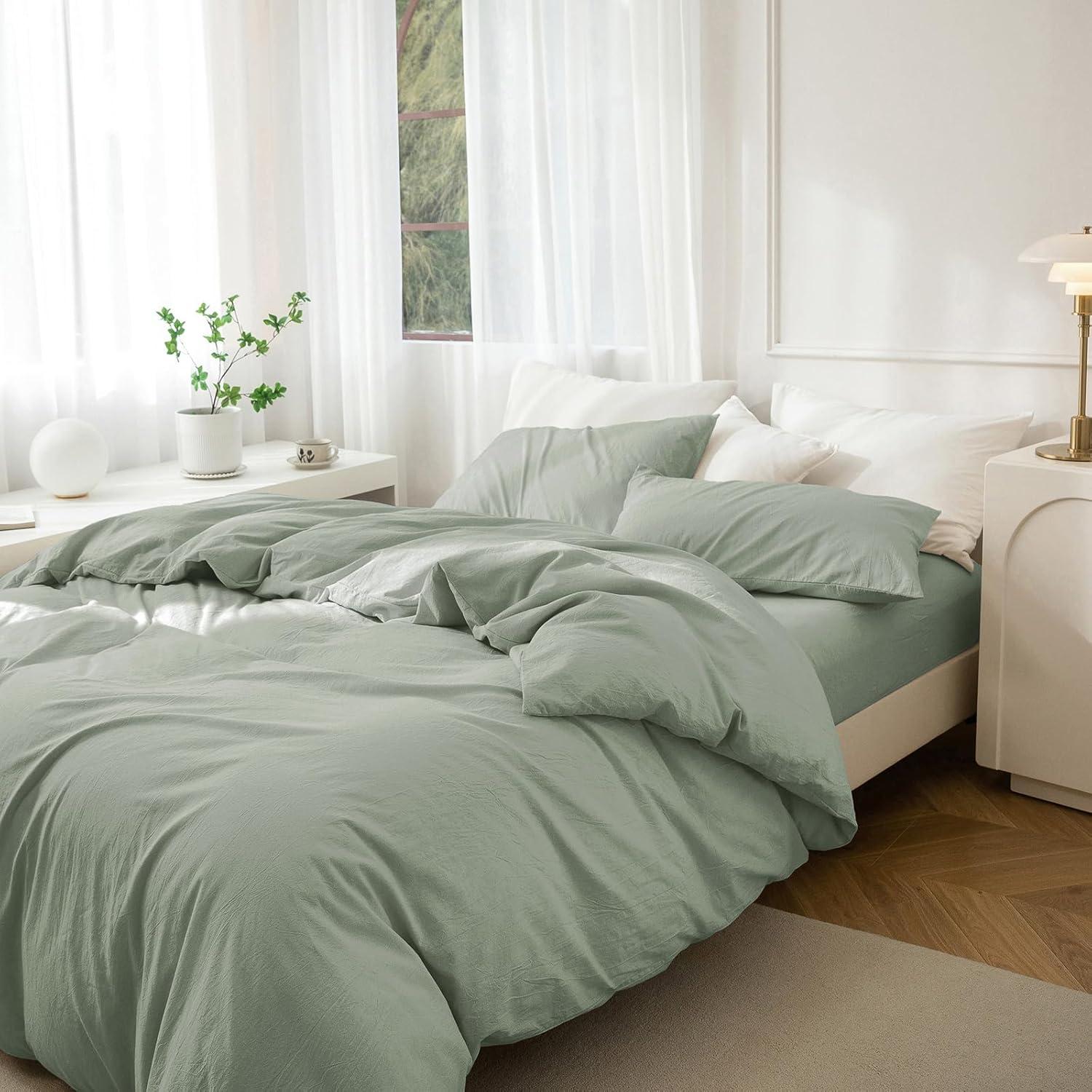 Funda de Edredón Rey JIYUAN Algodón 100% Verde Salvia 3 Piezas