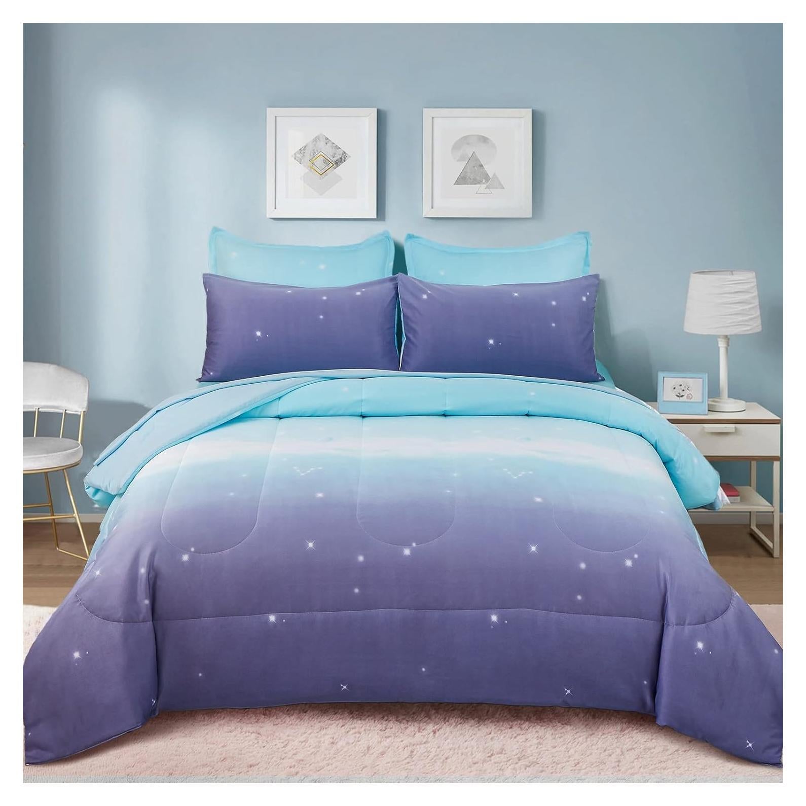 Juego de Edredón Completo Dinjoy Ombre Azul Púrpura 7 Piezas