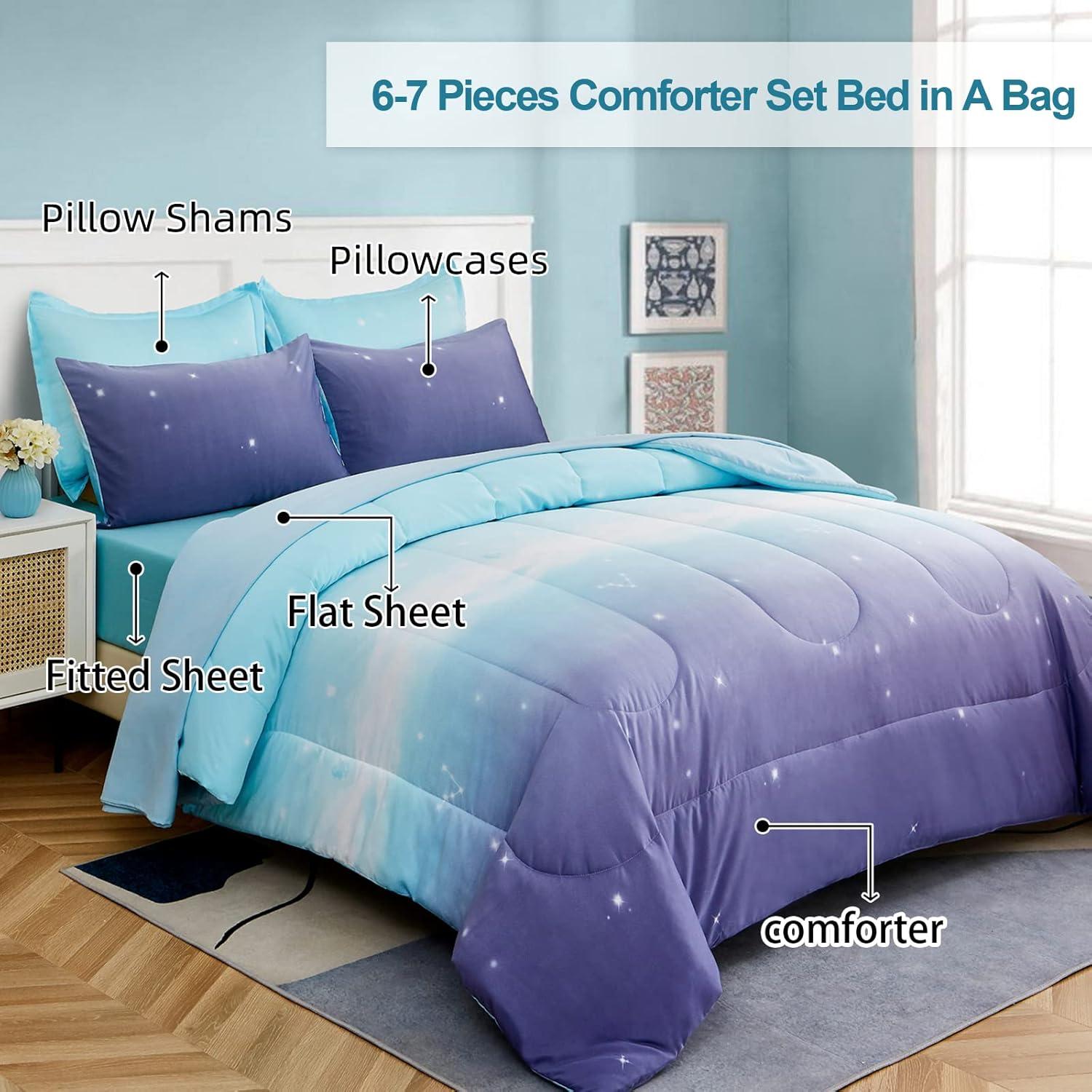 Juego de Edredón Completo Dinjoy Ombre Azul Púrpura 7 Piezas