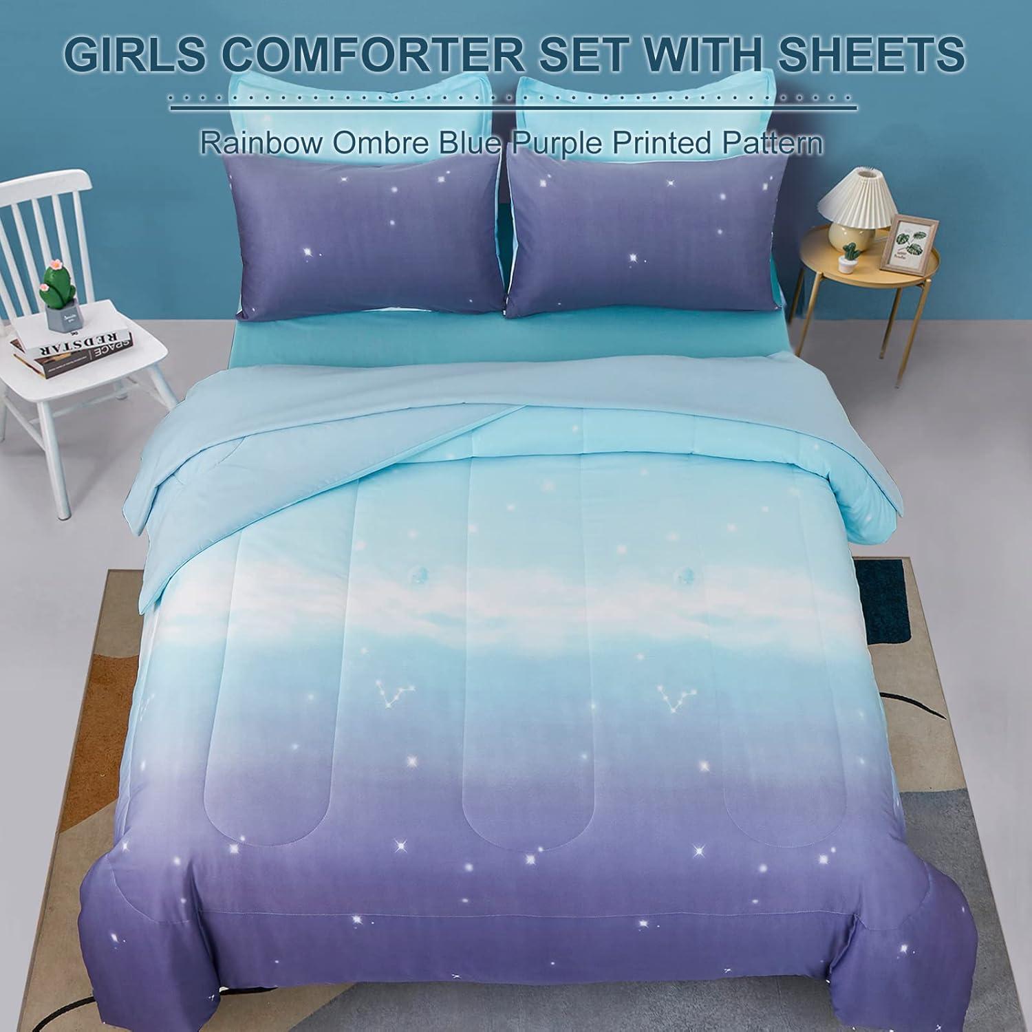 Juego de Edredón Completo Dinjoy Ombre Azul Púrpura 7 Piezas